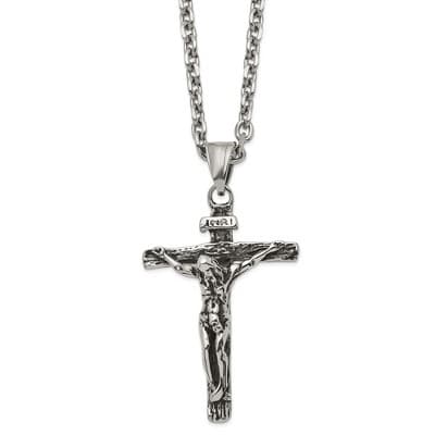 Black Bow Jewelry Men's Stainless Steel Large Antiqued INRI Crucifix Necklace, 24 Inch