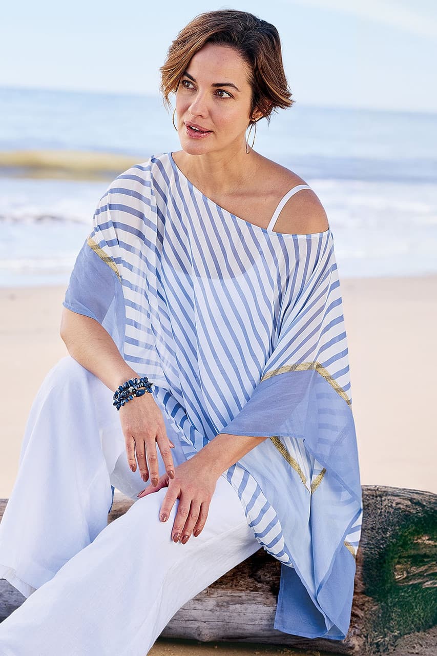 Metallic Trim Striped Georgette Poncho