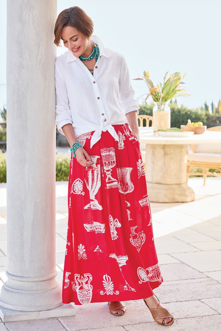 Vase Print Challis Paneled Maxi Skirt