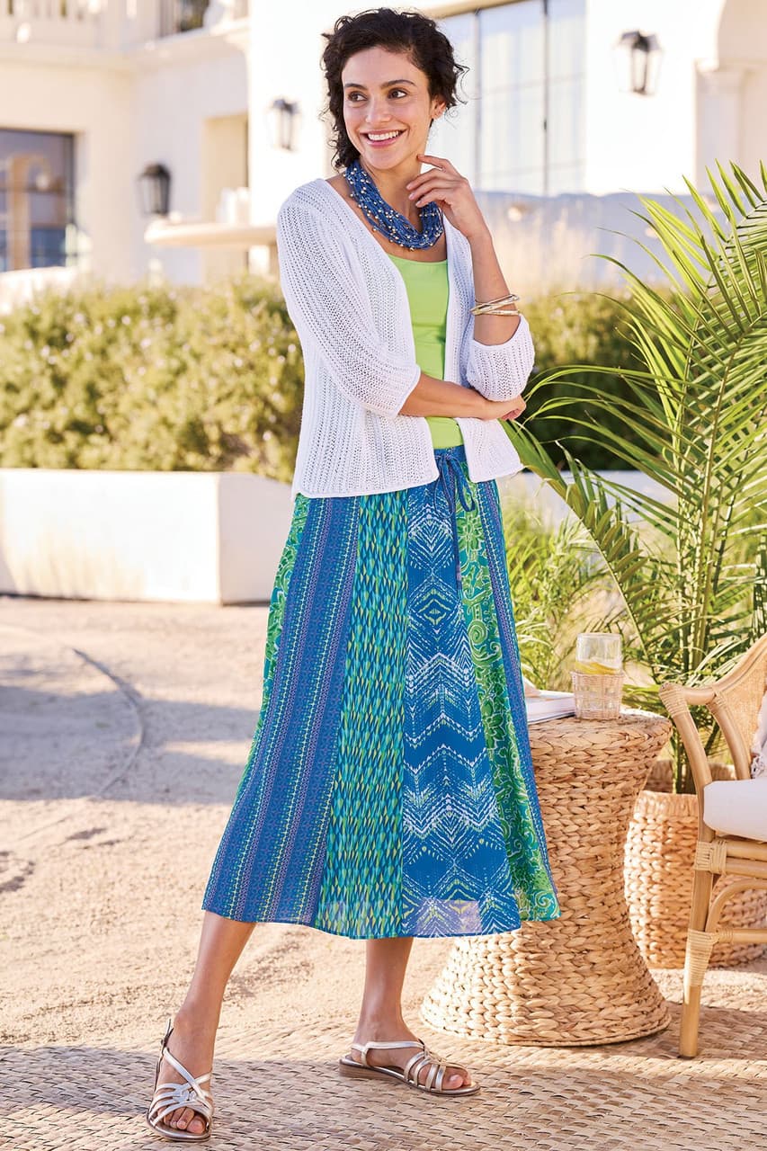 Mixed Print Paneled Pull On Midi Skirt