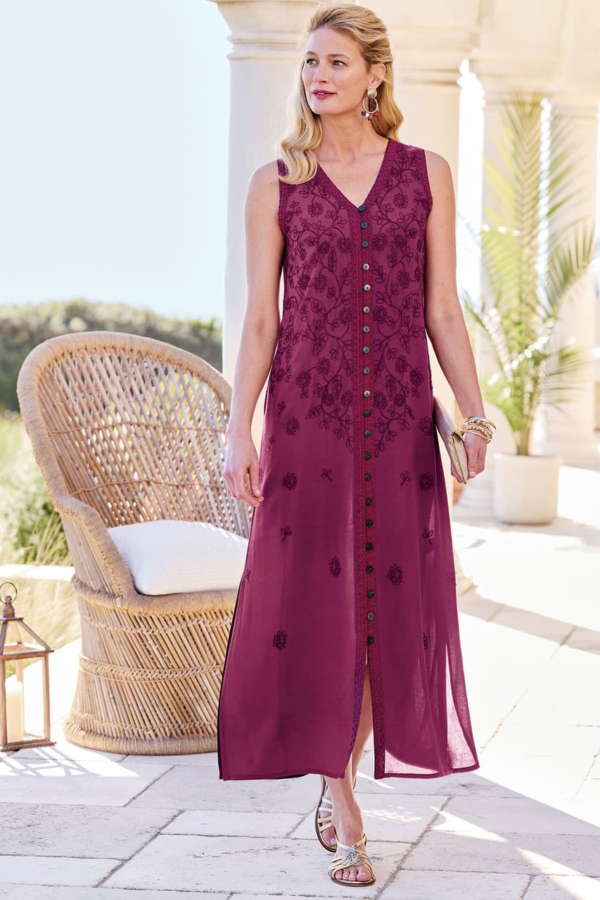 Btn Front Embroidered S/L Maxi Dress