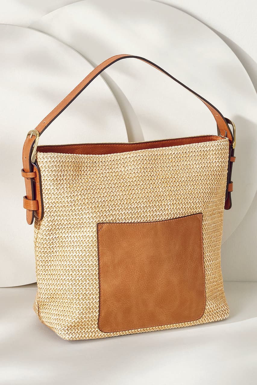 Rory Raffia Top Zip Hobo Bag