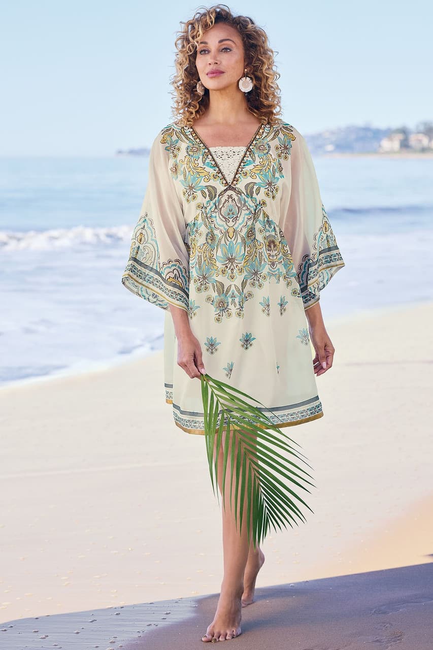 Beaded Printed Chiffon Short Dress