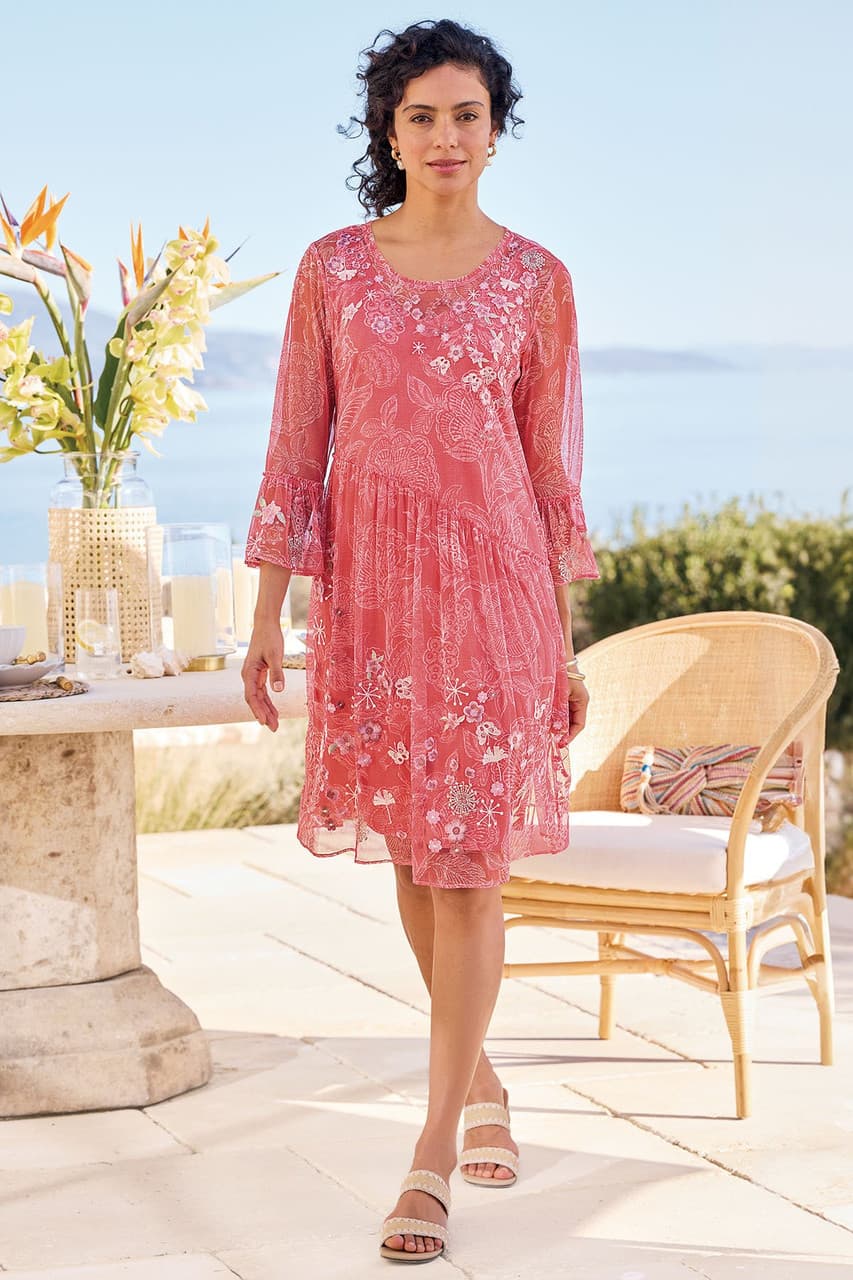 Floral Print Knit Mesh 3/4 Slv Short Dress