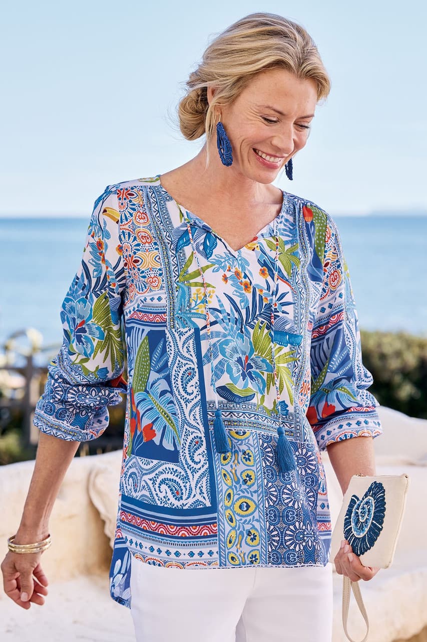Tropical Print LS Challis Blouse
