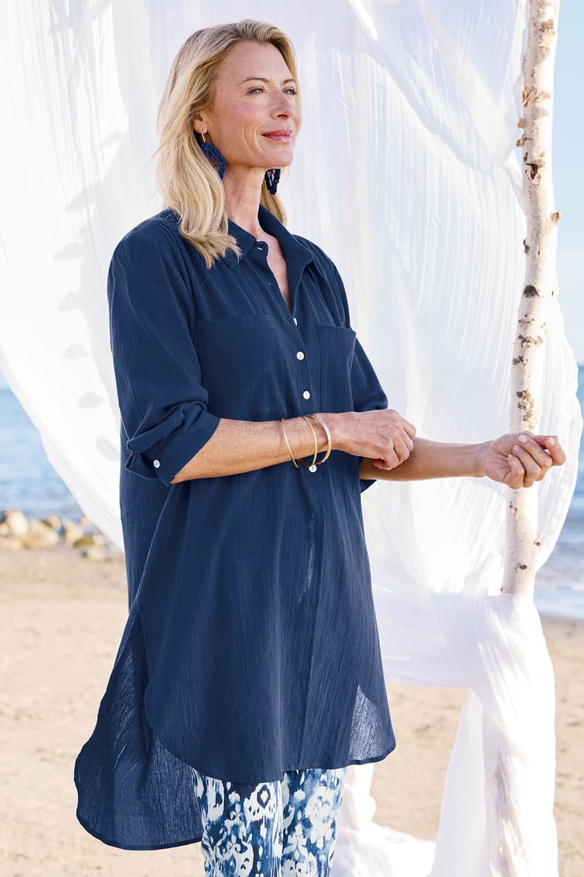 Gauze Btn Front 3/4 Slv Long Tunic