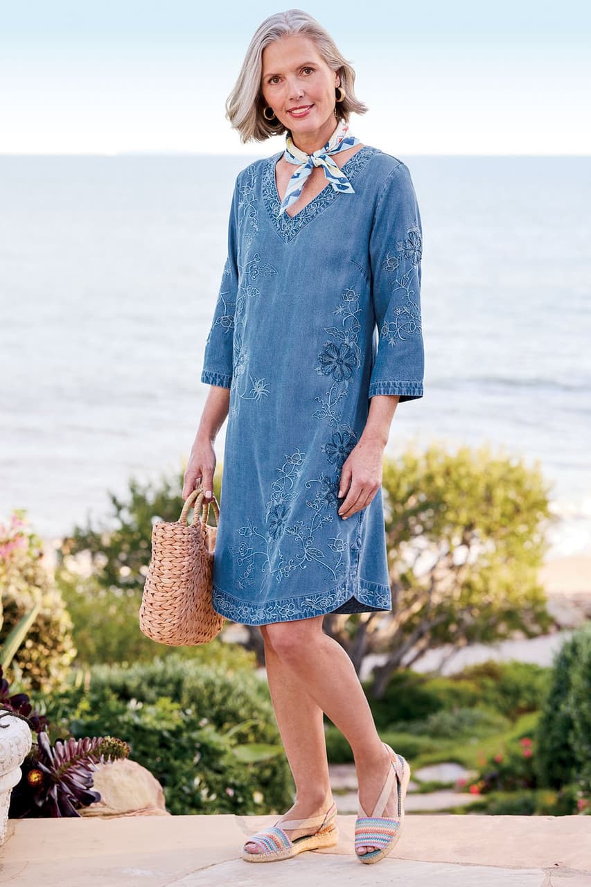 Floral Embroidered TENCEL 3/4 Slv Dress