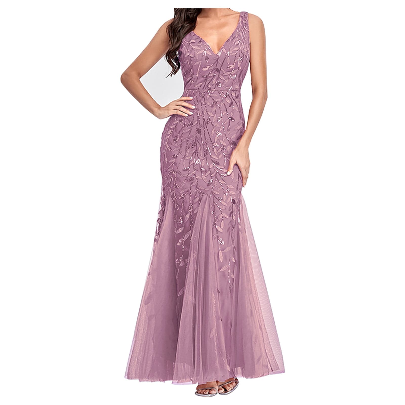 Evening Formal Dresses for Women Sleeveless V Neck Sequin Embroidery Mermaid Tulle Gowns Sexy Slim Backless Party Dress