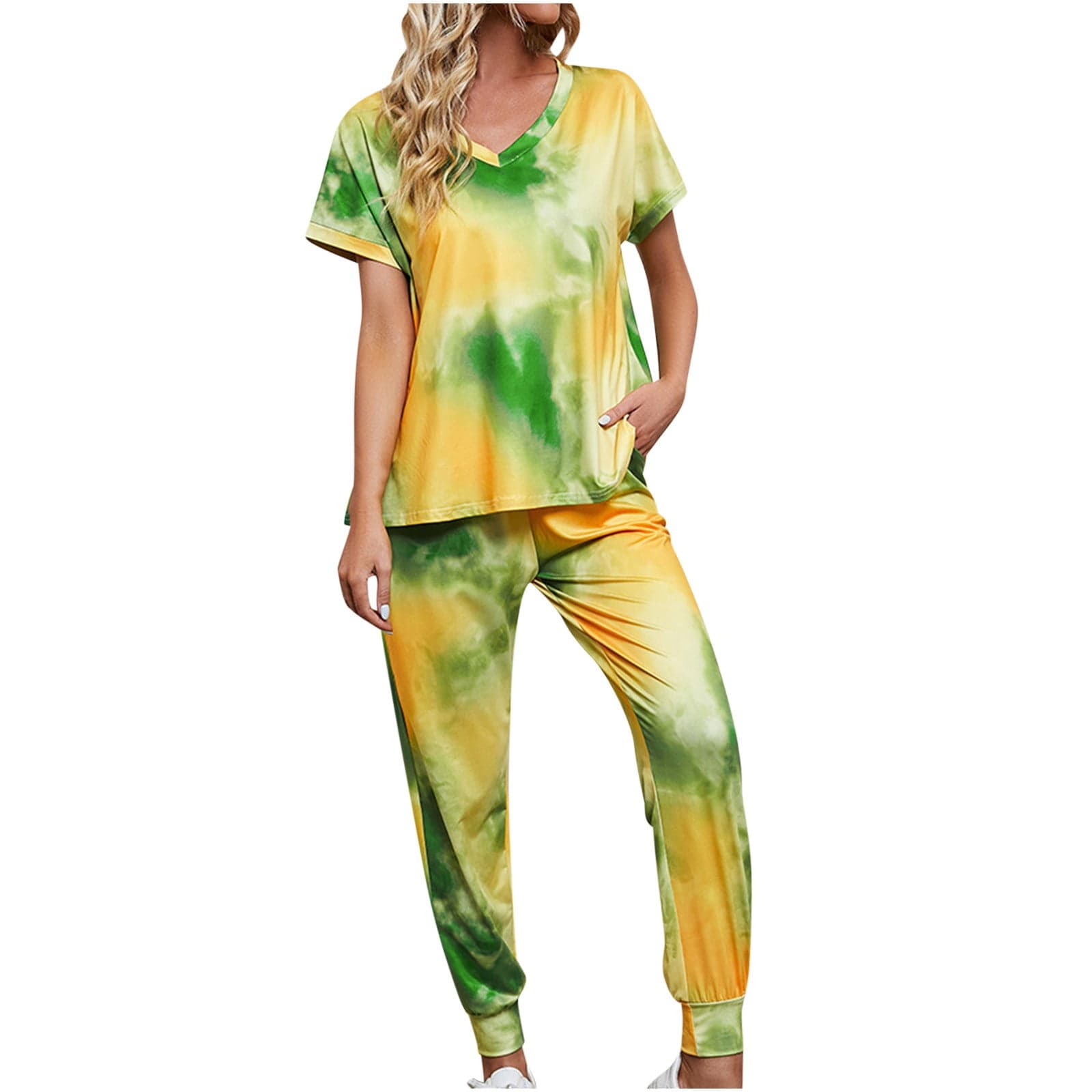 Womens Pajama Sets Short Sleeves Tops Jogger Harem Pants 2 Pieces Workout Lounge Outfits Set Tracksuits with Pockets