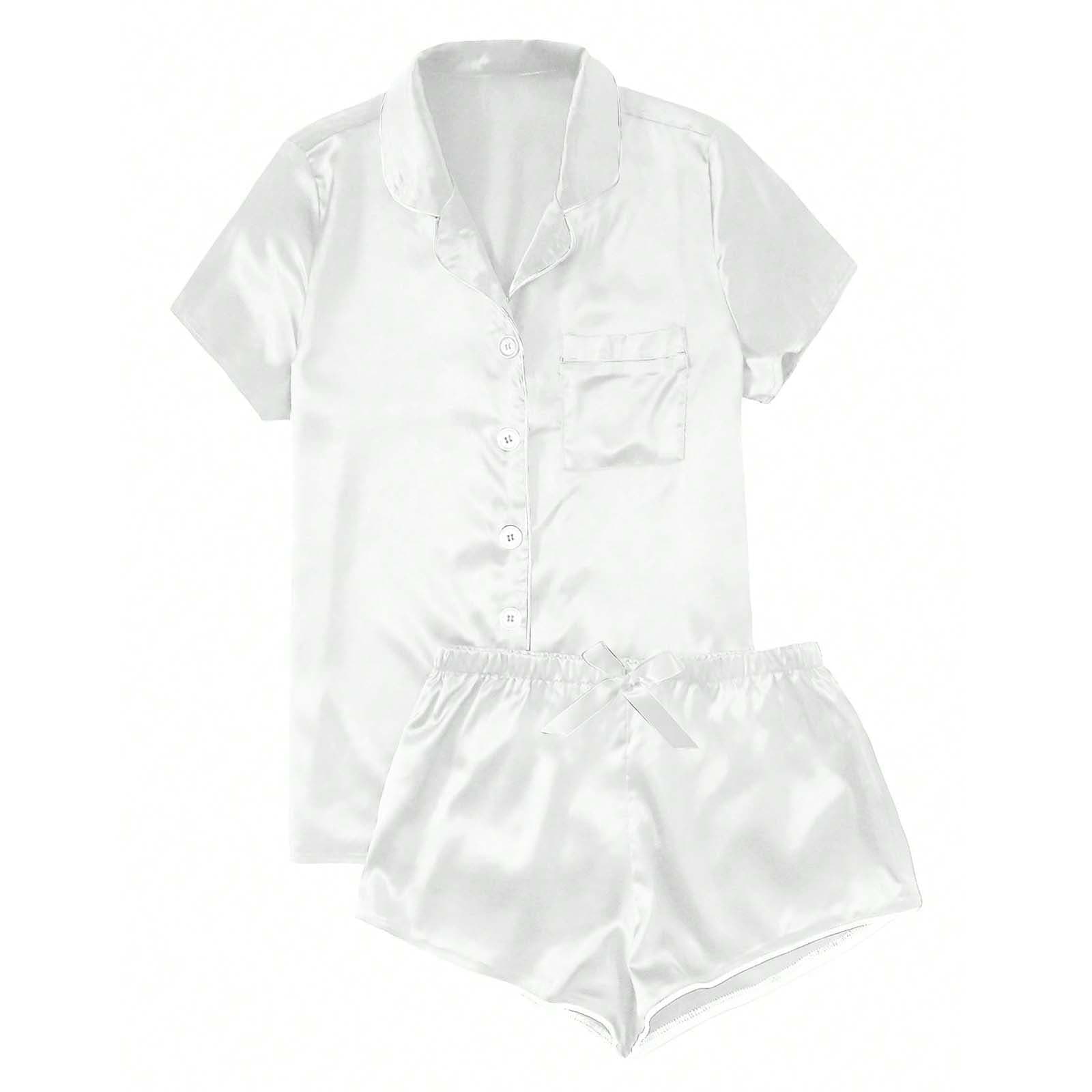 Womens Silk Satin Pajamas Short Sleeve Loungewear Two-Piece Sleepwear Button-Down Pj Set