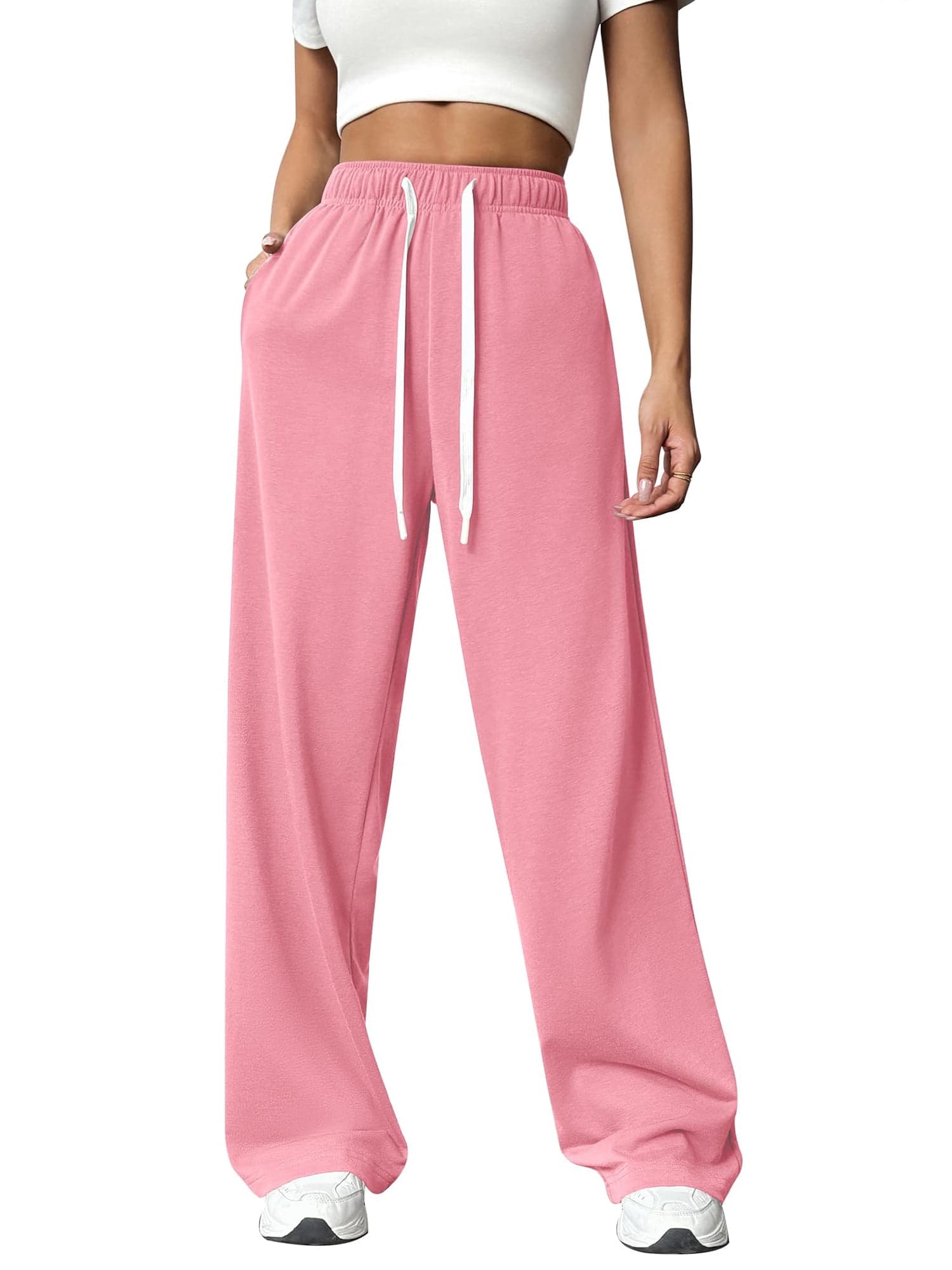 Women's Wide Leg Sweatpants Pink 2XL Lounge Yoga Pants Drawstring Workout Athletic Joggers with Pockets