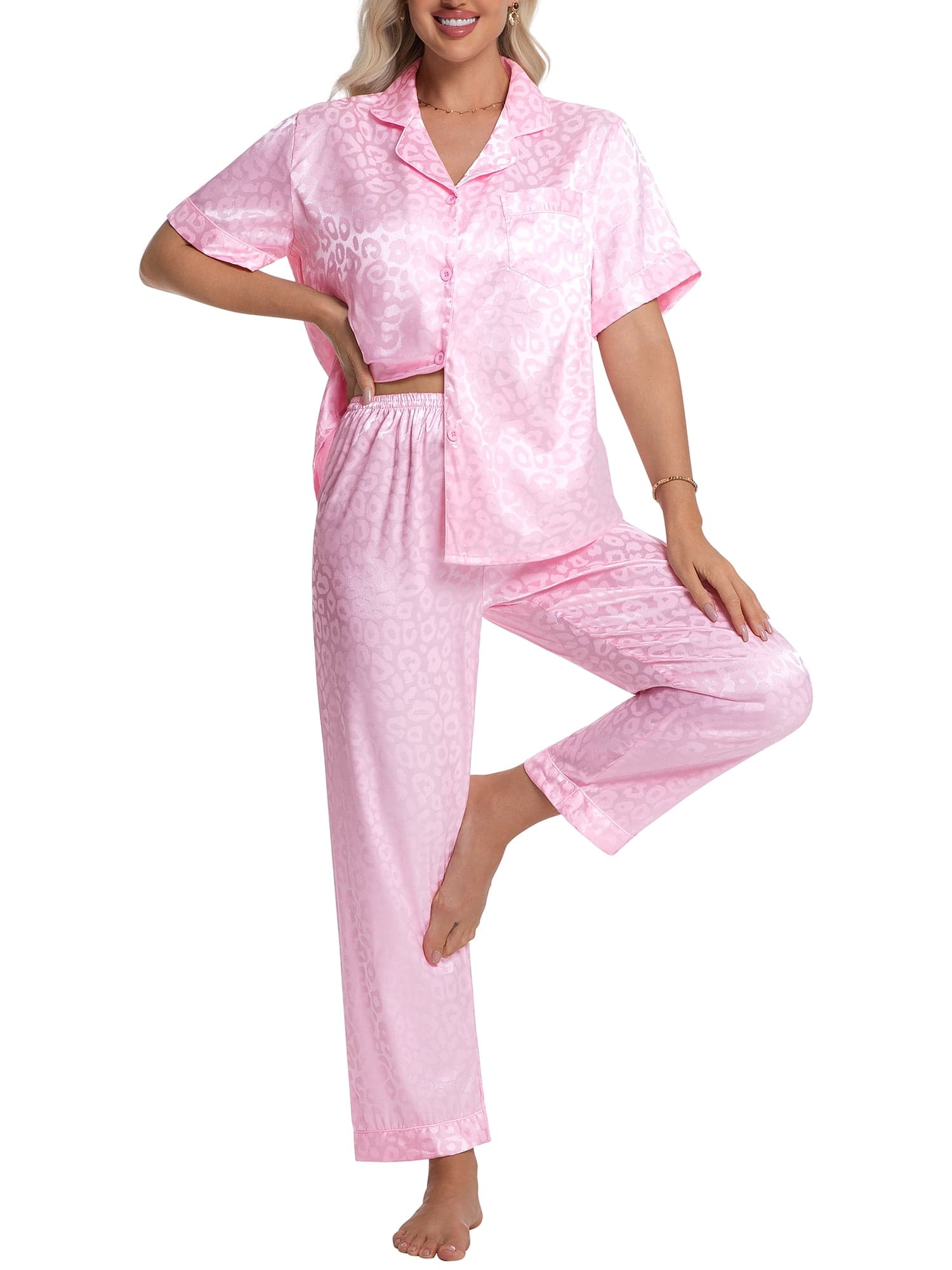 Silk Satin Pajama Set for Women Short Sleeve Two Piece Button Down Pjs Sleepwear Soft Loungewear Nightwear, Pink Leopard Print