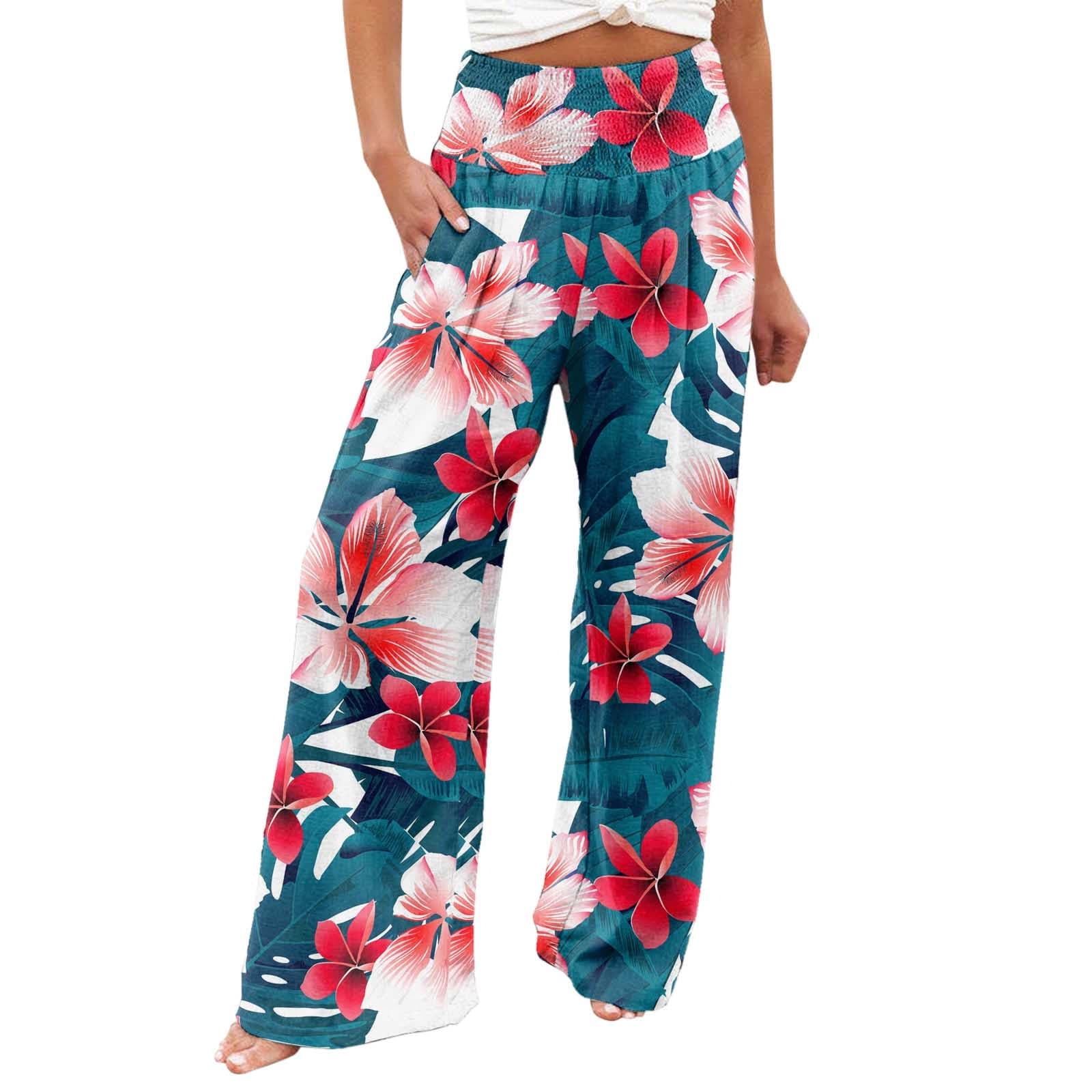 Dyegold Wide Leg Pants For Women Casual Boho Floral Printed Lounge Palazzo Pants Summer Loose Straight High Waisted Trouser