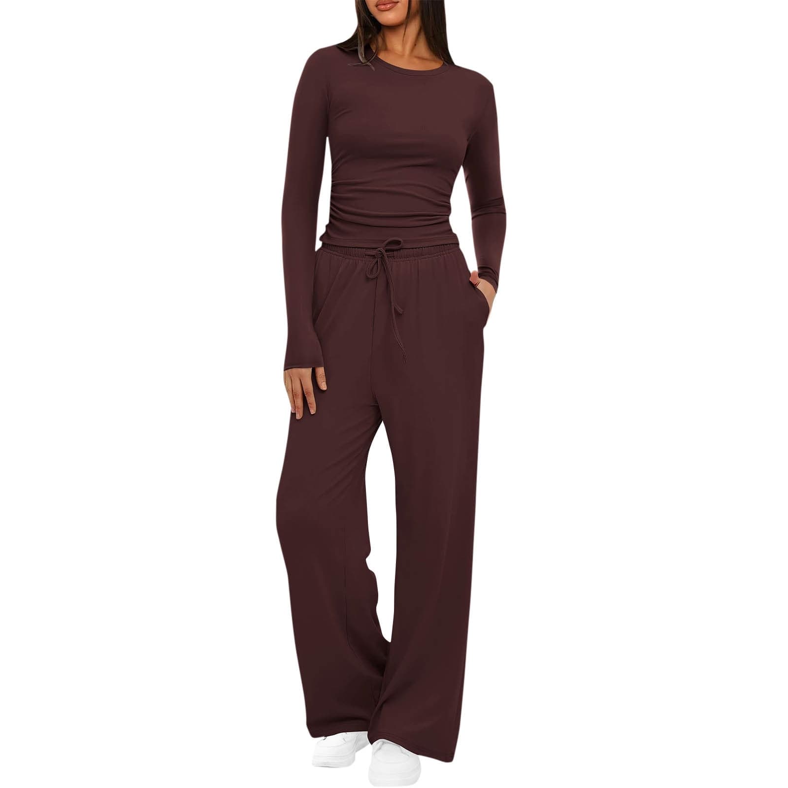 Enjoytime 2 Piece Sets for Women Casual Solid Color Long Sleeve Tops Wide Leg Pants Lounge Set Travel Loungewear