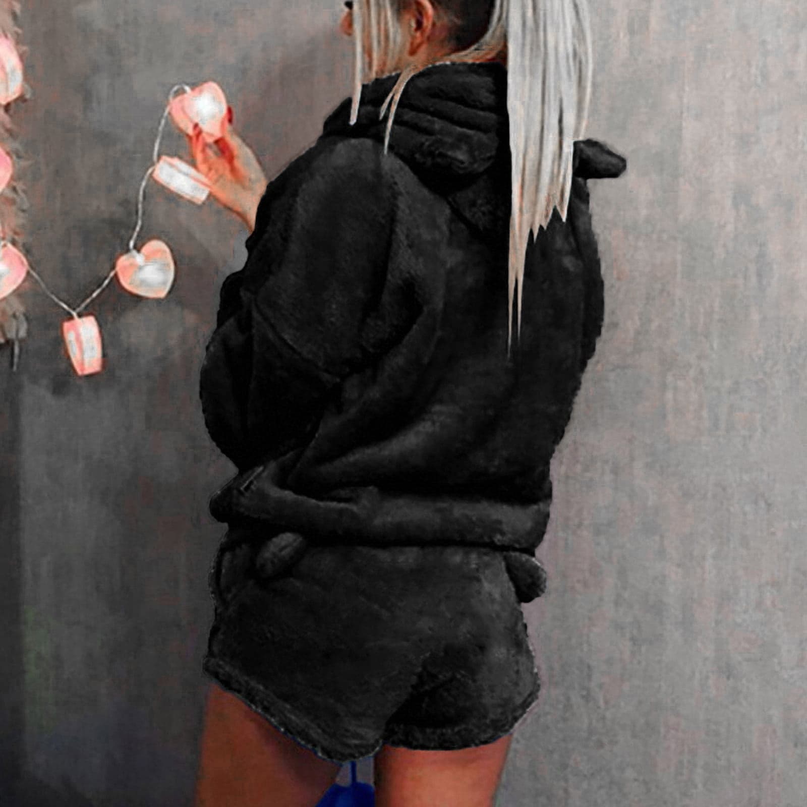 Cute Pajama Sets for Women Sherpa Loungewear 2 Piece Long Sleeve Fuzzy Hoodies Fleece Shorts Solid Warm Lounge Wear Sets