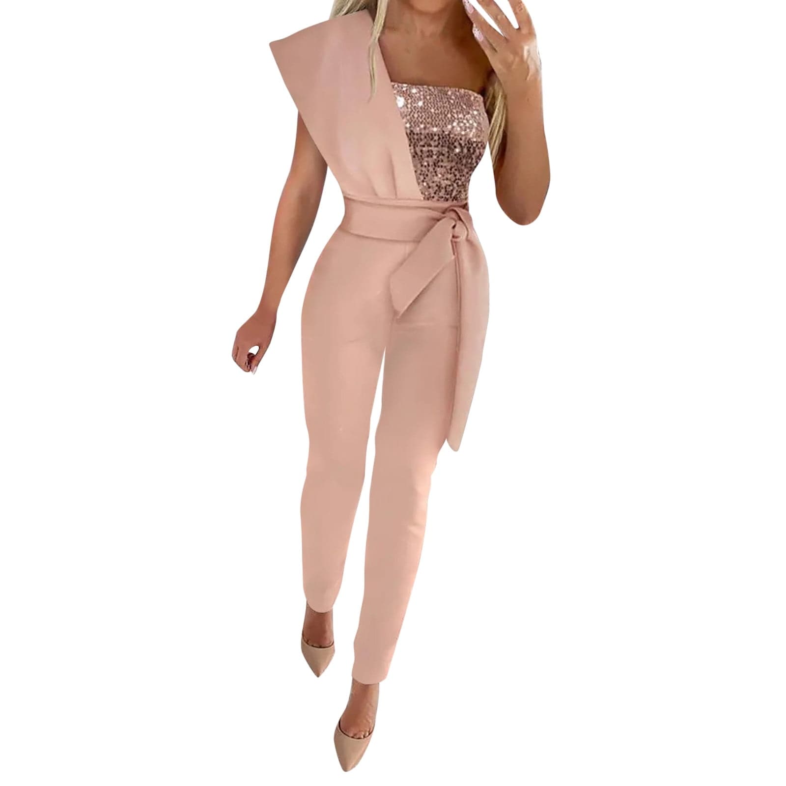 Jumpsuit for Women Fashion Splicing Sequins Cold Shoulder Rompers Clubwear Slim Fit Long Trousers Jumpsuit with Waist Band Party Outfits(Pink,Xl)