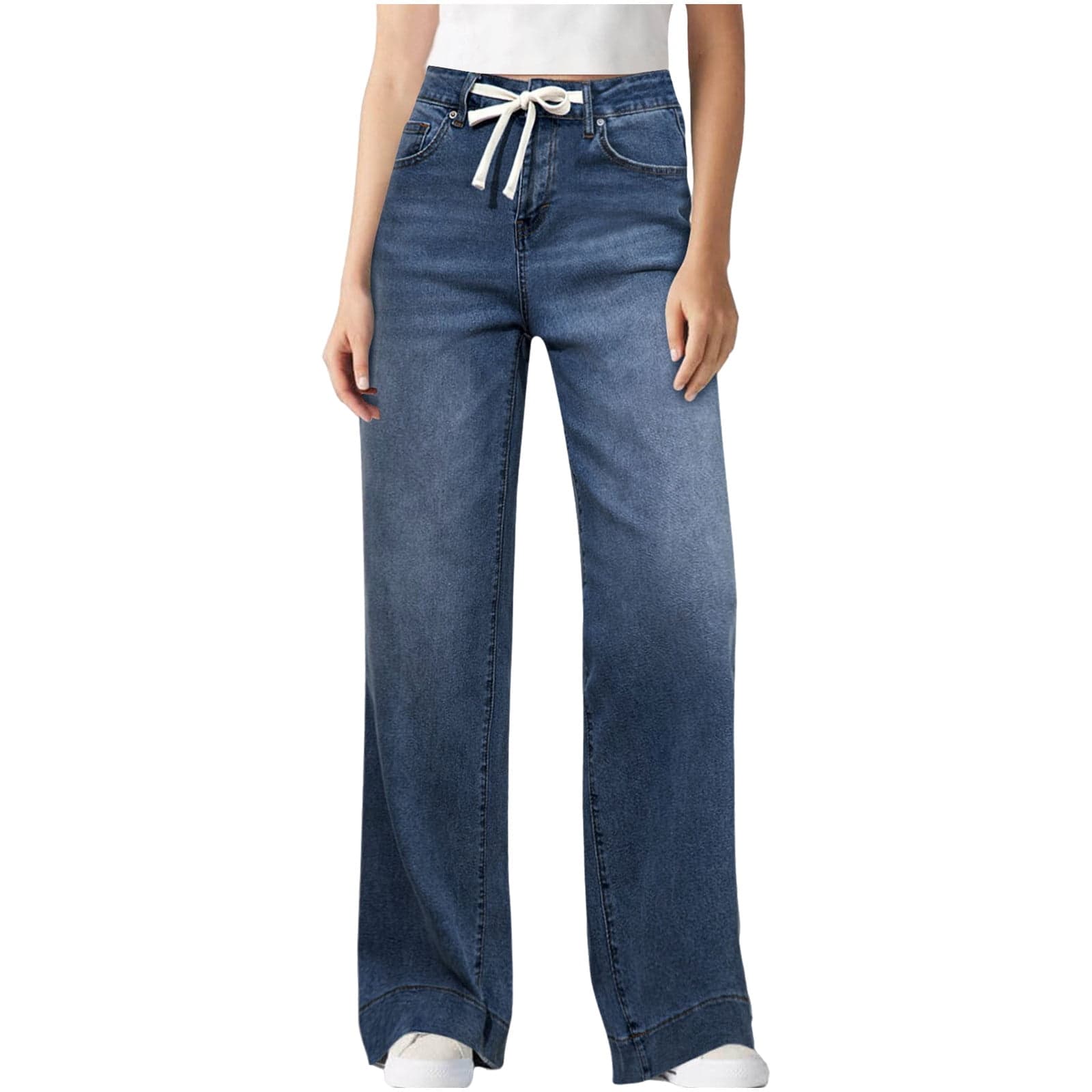 Wide Leg Jeans for Women Straight Leg High Waisted Drawstring Stretchy Denim Pants