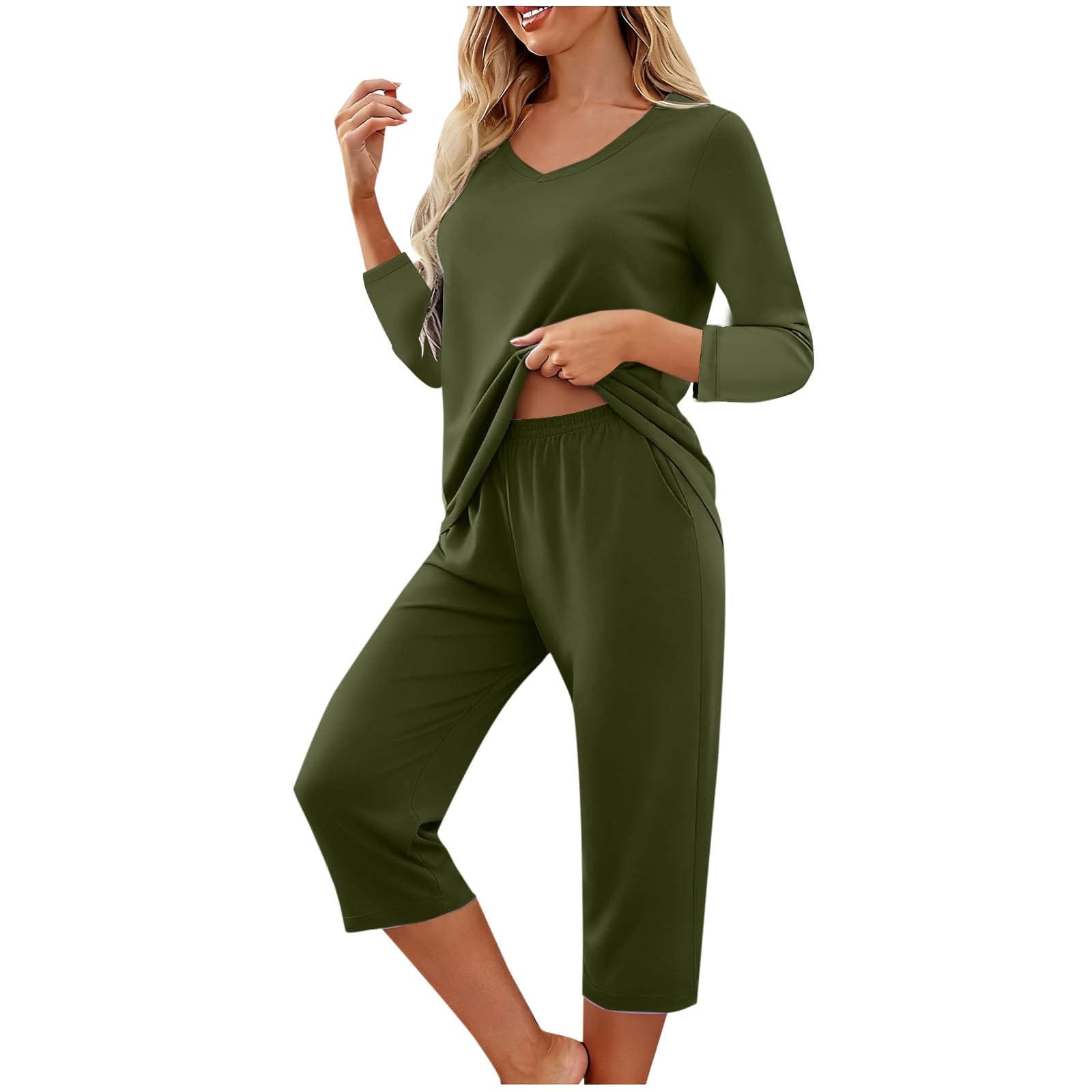 Womens Pajama Set 3/4 Sleeve V Neck Top Pjs 2 Piece Loungewear Solid Color Soft Fall Sleepwear with Capri Pants