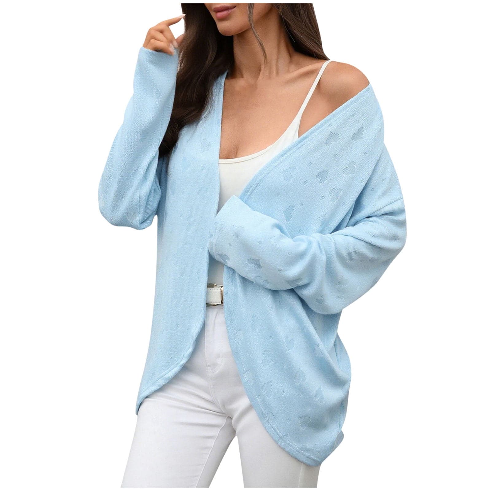 Women Open Front Knit Cardigan Casual Long Sleeve Solid Color Lightweight Cute Print Top Sweater
