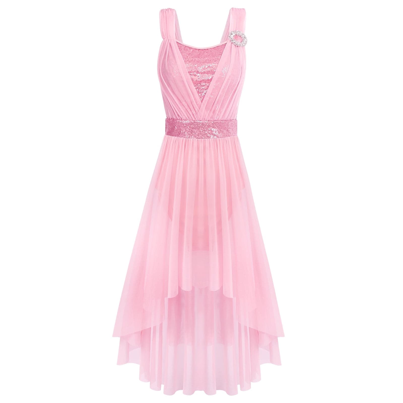 Women Sleeveless Sequin Elegant Lyrical Dance Long Dress Ballet Flowy Chiffon Mesh Tulle Skirt Dance Wear S Pink