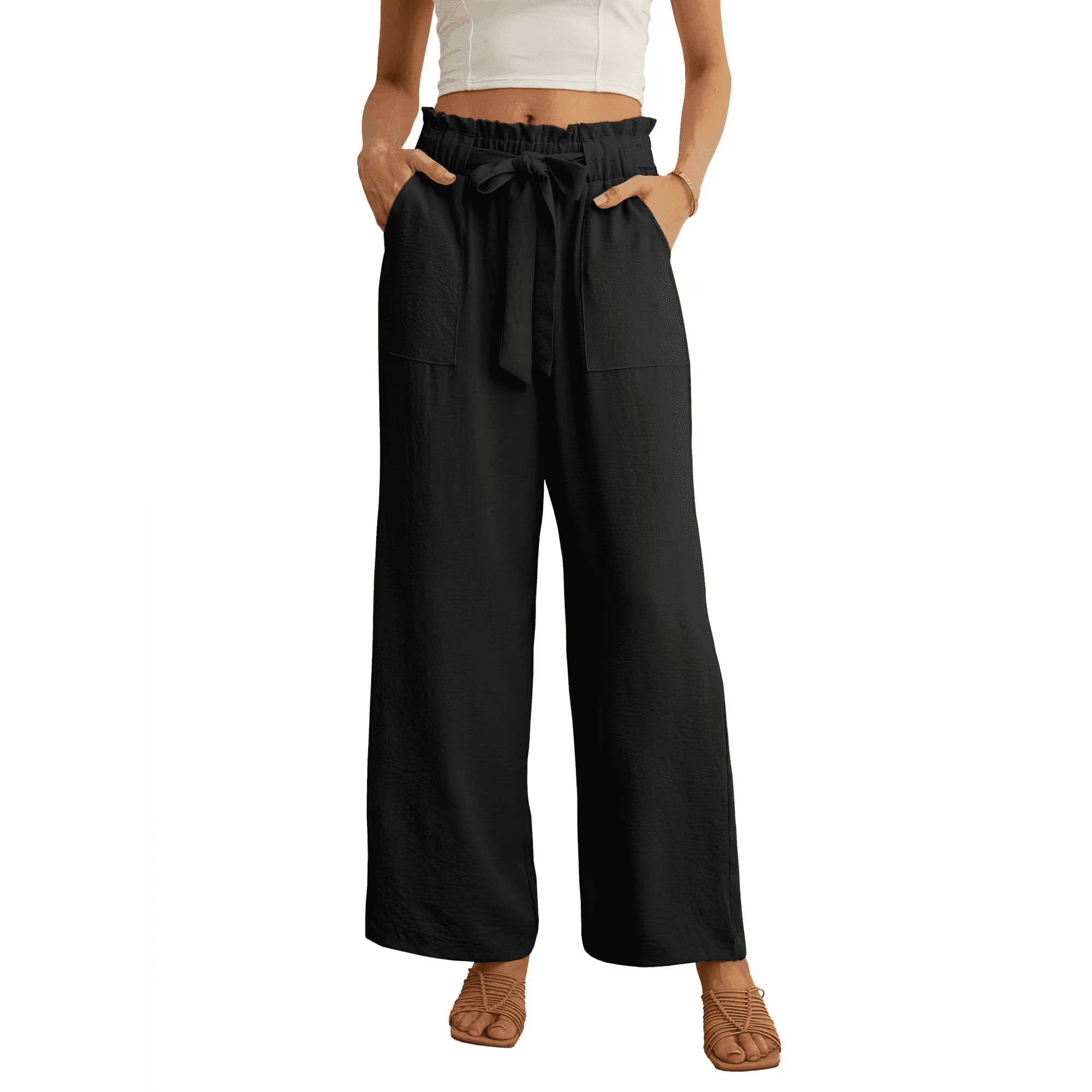 Women's Wide Leg Pants with Pockets High Waist Adjustable Knot Loose Casual Trousers Business Work Casual Pants Black Large