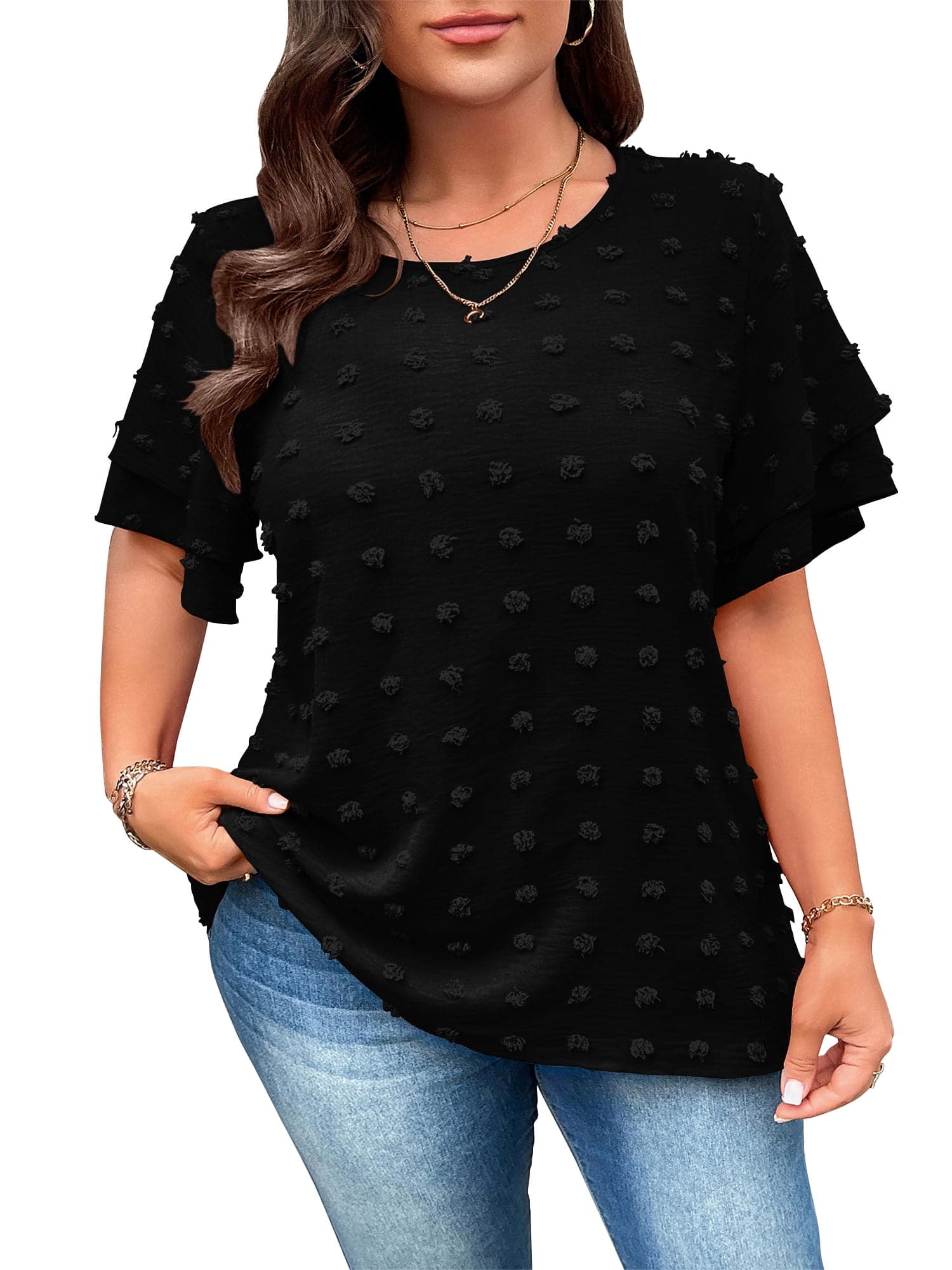 Plus Size Tops Summer Swiss Dot Tops for Women Black Crew Neck Double Layered Sleeves Loose Fit Flowy Blouses 4XL