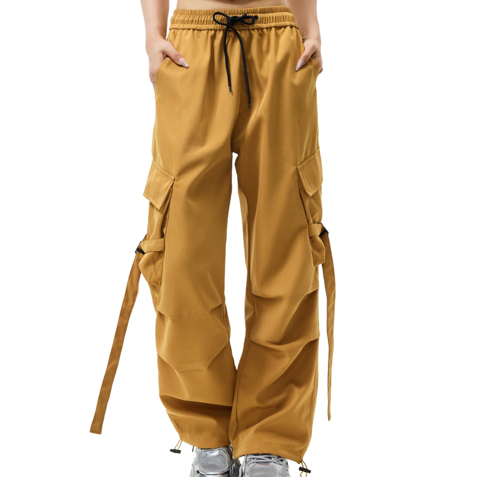 Women's Cargo Pants Elastic High Waisted Pleated Wide Leg Hiking Travel Pants Baggy Streetwear Casual Trousers with Pockets(Yellow,X-Large)
