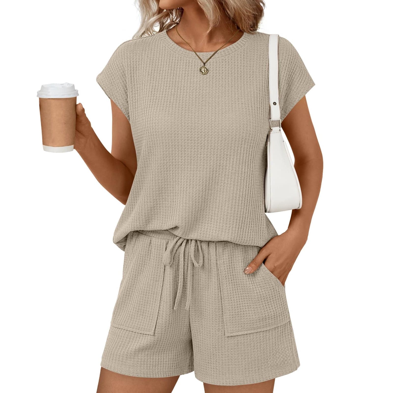 Womens 2 Piece Short Sets Cap Sleeve Summer 2026 Matching Lounge Casual Outfits Travel Beach Vacation Sweatsuit Khaki L