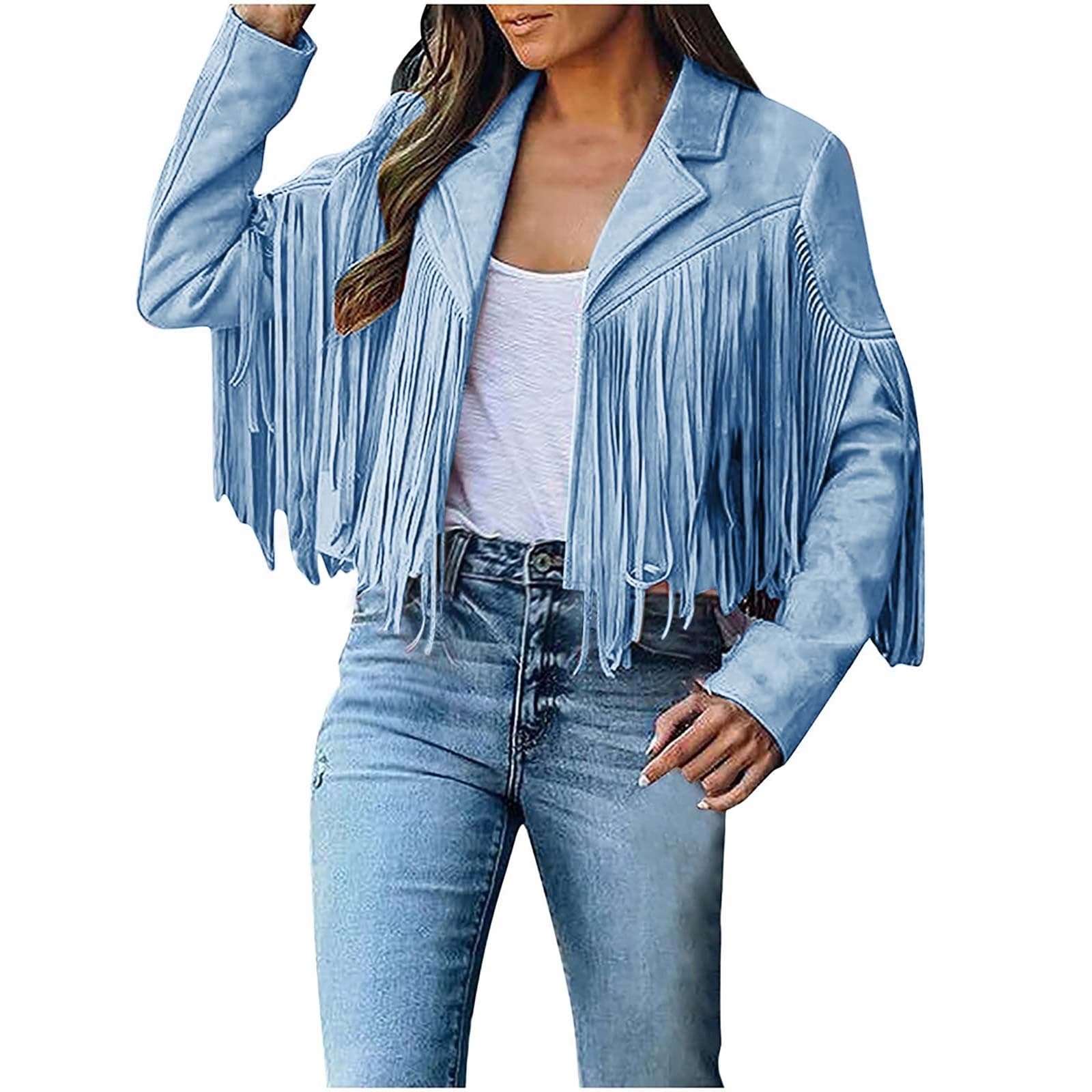 Luxalzxs Fringe Jacket for Women Cowgirl Faux Suede Leather Jacket Cowboy Style Coat Long Sleeve Tassels Cardigan Cropped Coat