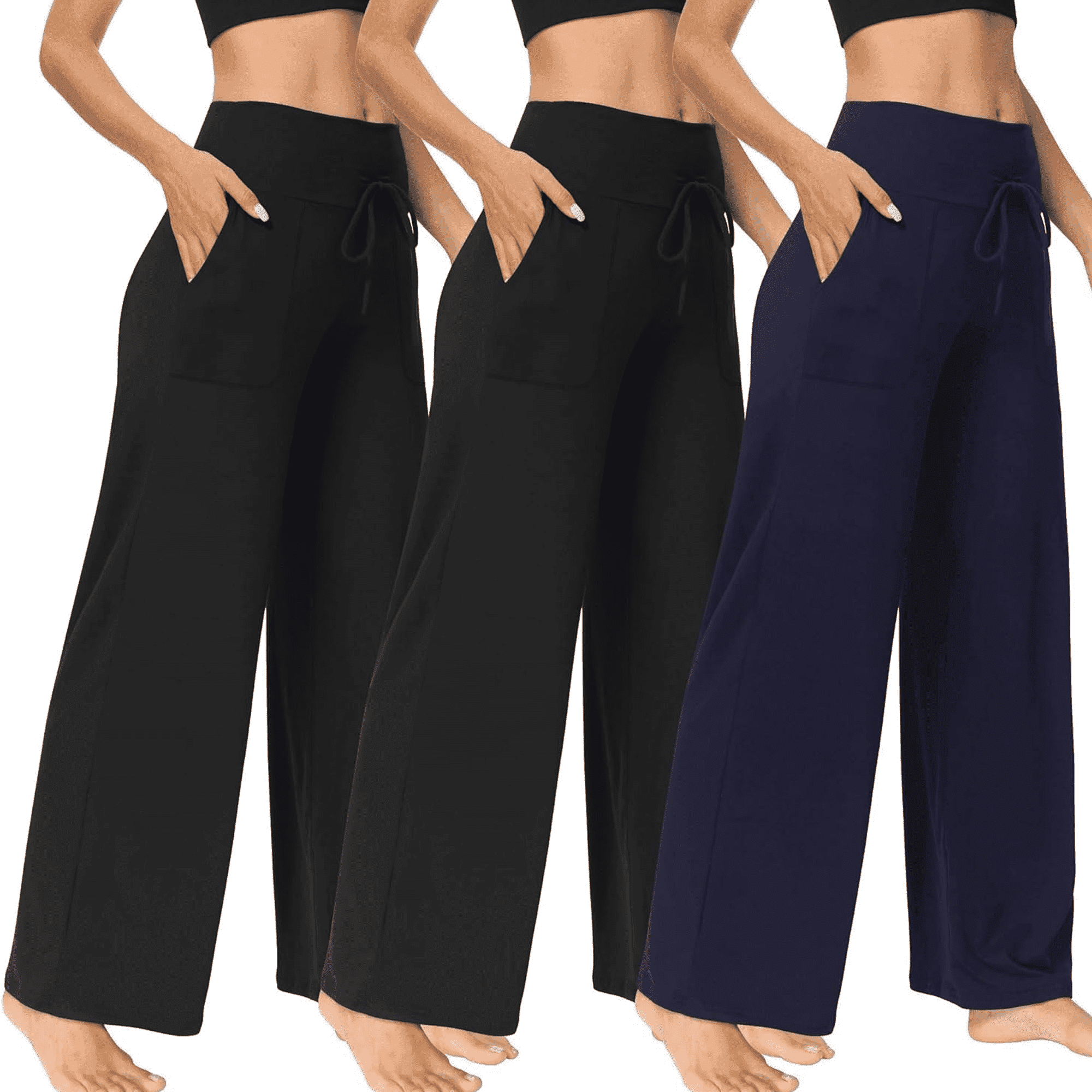 3 Pack Women's Wide Leg Pants with Pockets - Casual Loose Sweatpants Yoga Trouser Pants Sweat Palazzo Lounge Pajama Pants