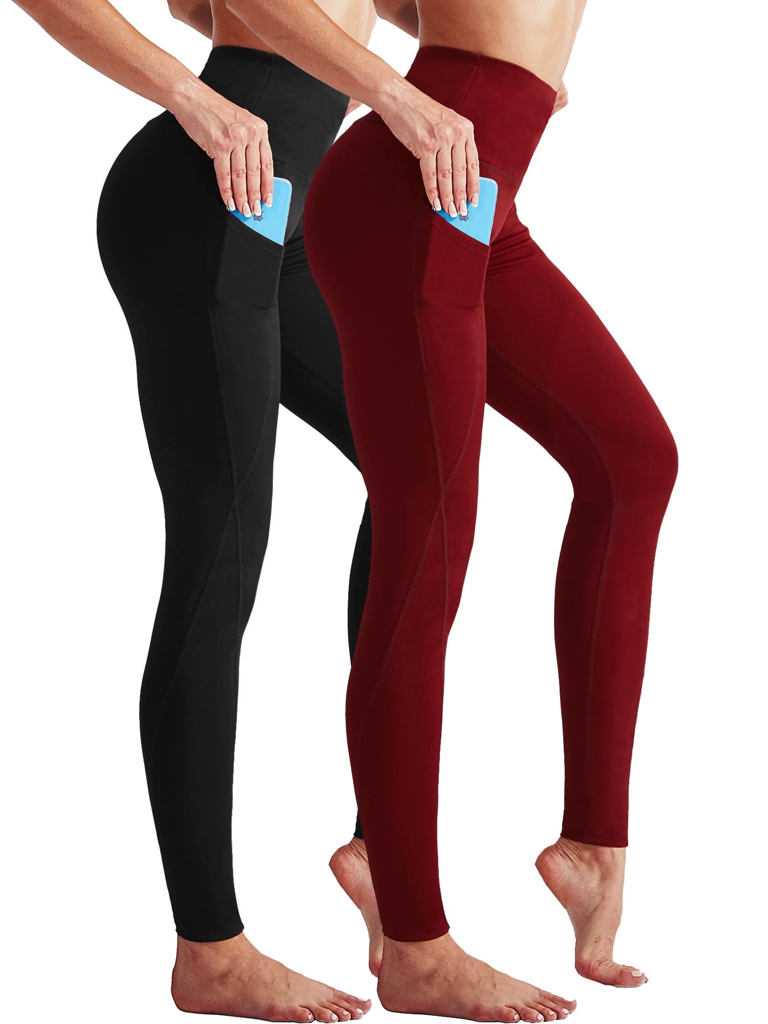 Womens High Waist Running Workout Yoga Leggings with Side Pocket,Black+Red,US Size 2XL