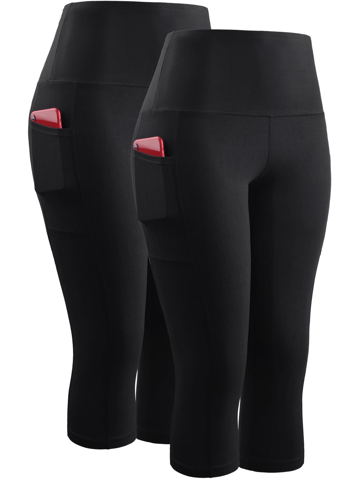 Womens High Waist Yoga Capris Tummy Control Workout Stretch Capri Leggings with Pockets,Black+Black,US Size XL