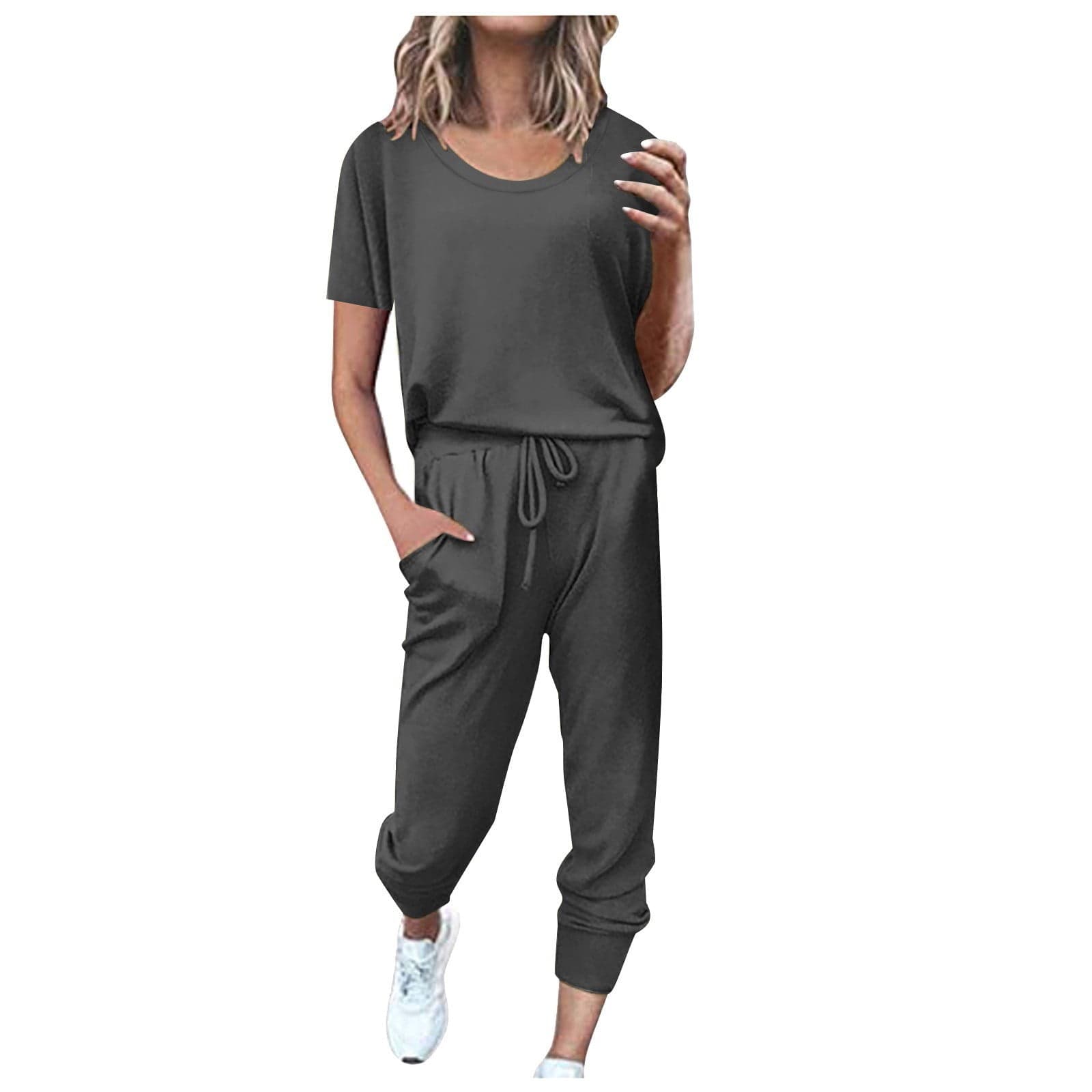 Lounge Sets for Women, Women's Fashion Solid-Color Short-Sleeve Casual Activewear Home Set, Two Piece Sets for Women Gray XL