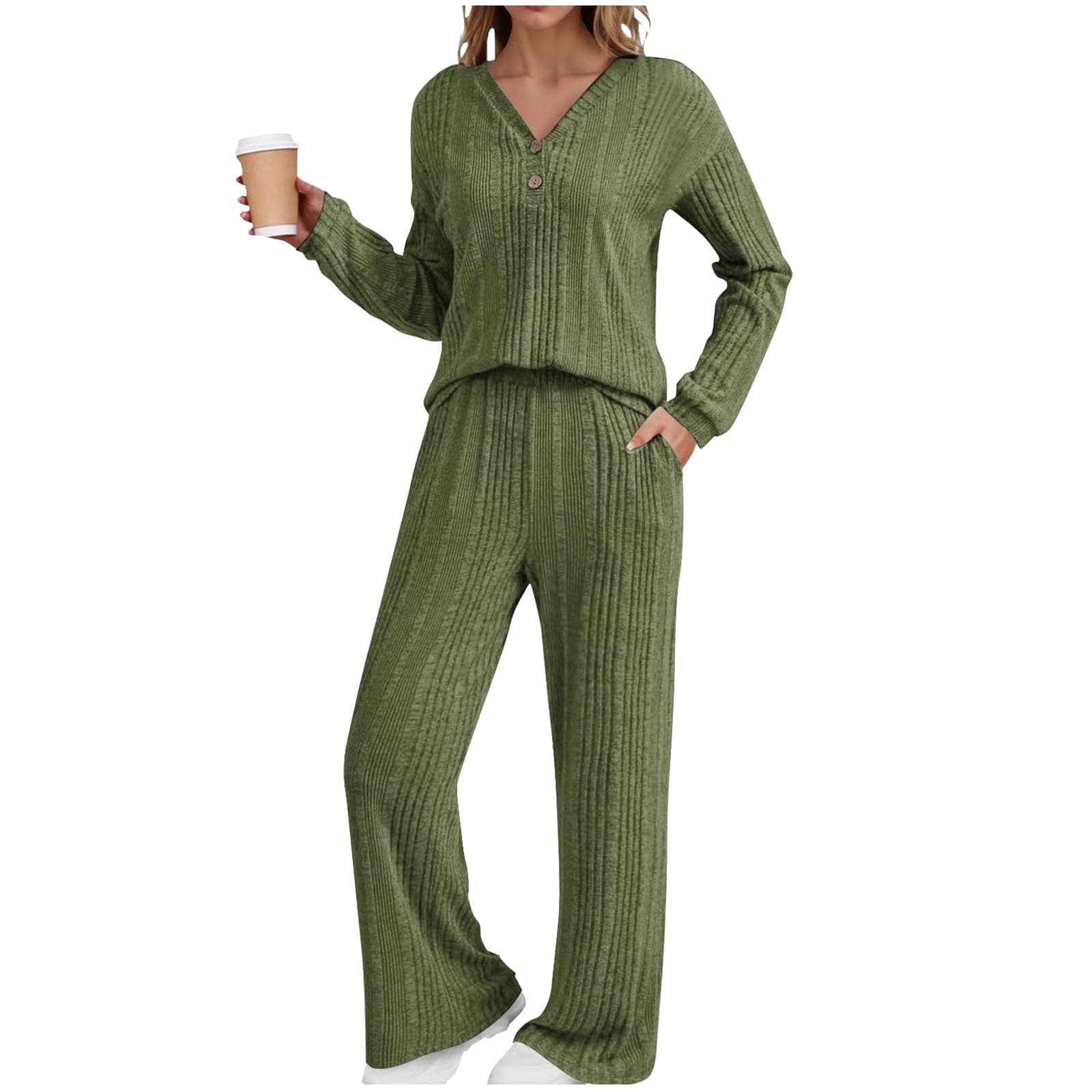 Ribbed Knit Lounge Sets for Women Loose V Neck Long Sleeve Top Matching Long Pants 2 Piece Pajamas Sweatsuits Outfits