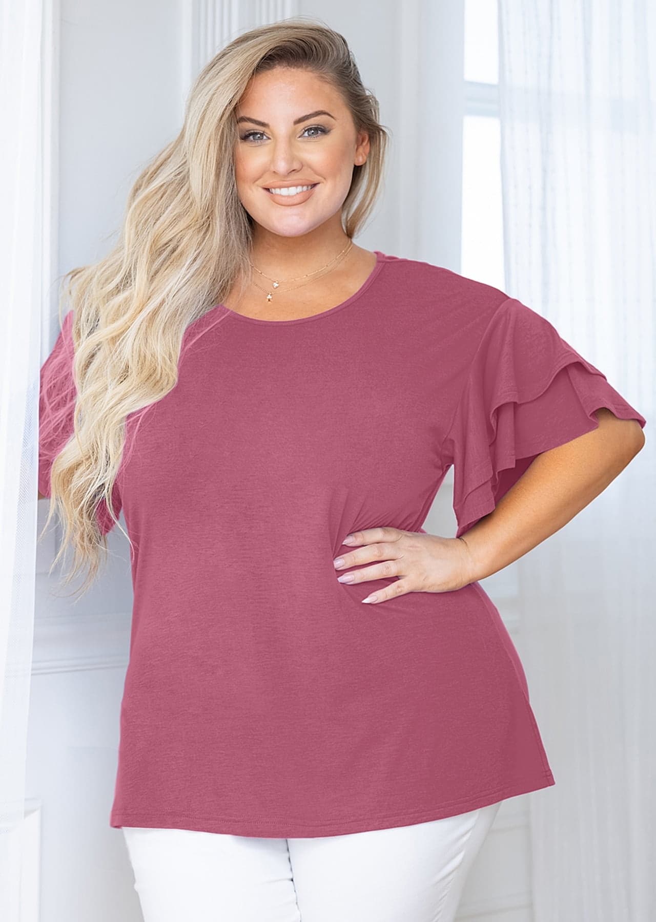 Plus Size Clothes for Women Double Ruffle Short Sleeve Mauve 3X Tunic Shirt Summer Tops Loose Fitting Clothing