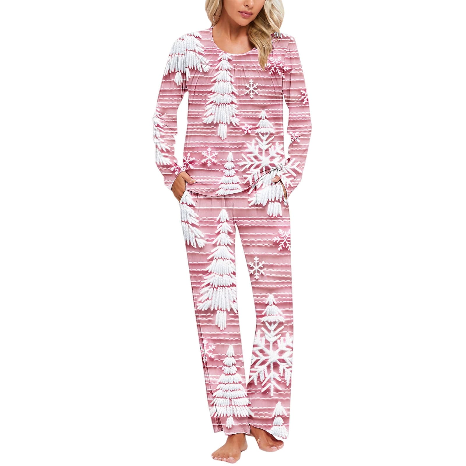 Festive Winter Women's Christmas Tree Print Pajamas Set Long Sleeve 2-Piece Sleepwear Crew Neck with Pockets Cute Nightwear Lounge Wear S-3XL