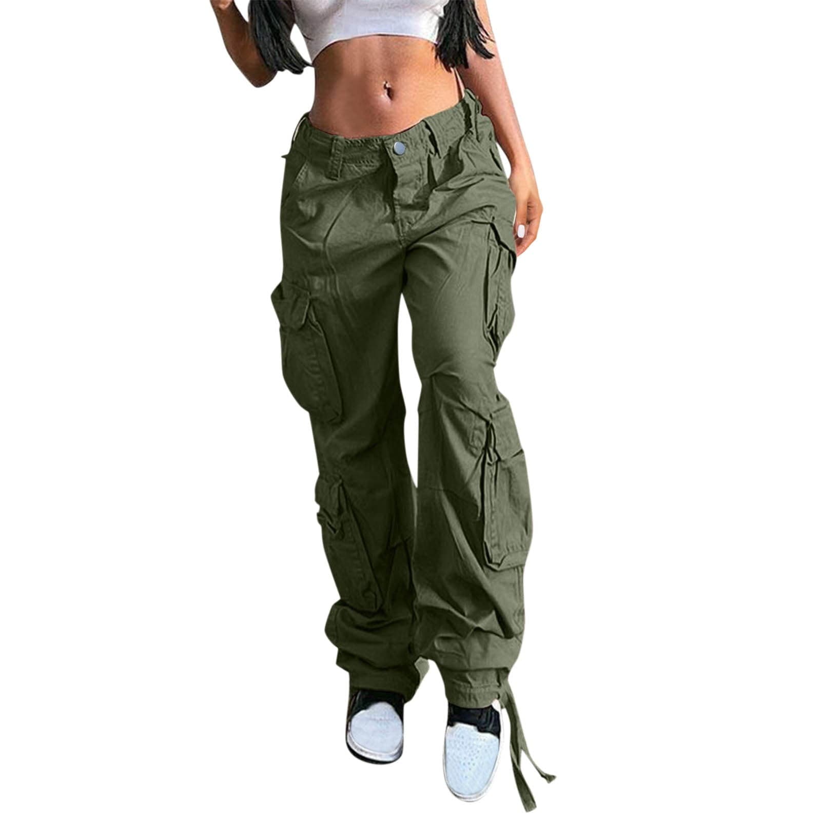 Women's Pants, Jeans for Women, Women High Waist Baggy Cargo Pants Cargo Jeans Jogger Pocket Loose Fit Straight Wide Leg Trouser Womens Jeans Green M