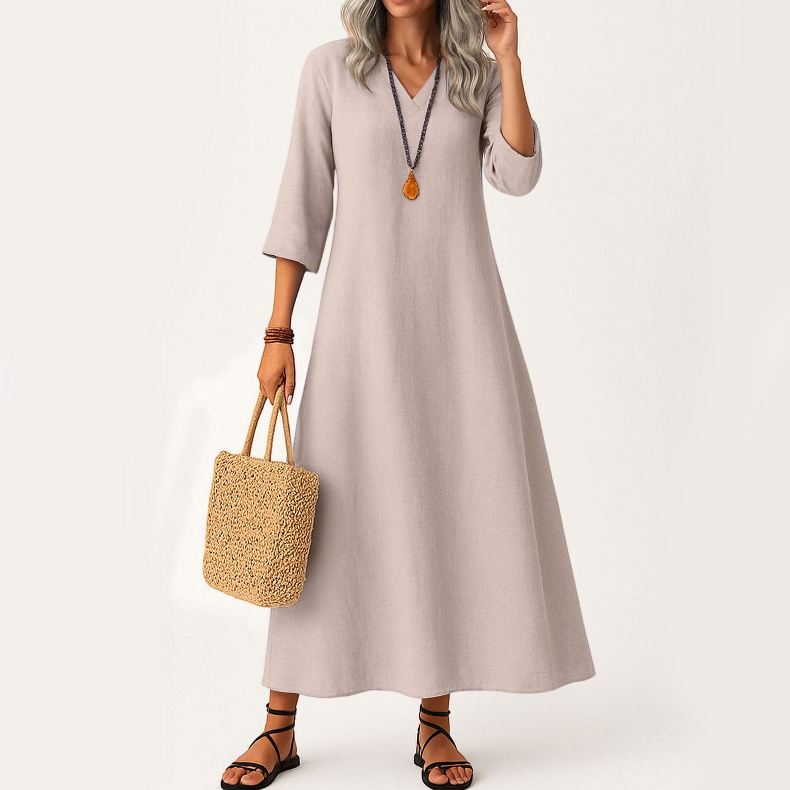 Cotton Linen Summer Midi Dresses for Women 2025 Vacation Loose Fit Flowy V Neck Long Dress Elegant Casual 3/4 Sleeve Dresses Boho Fall Beach Sundress Light pink XL