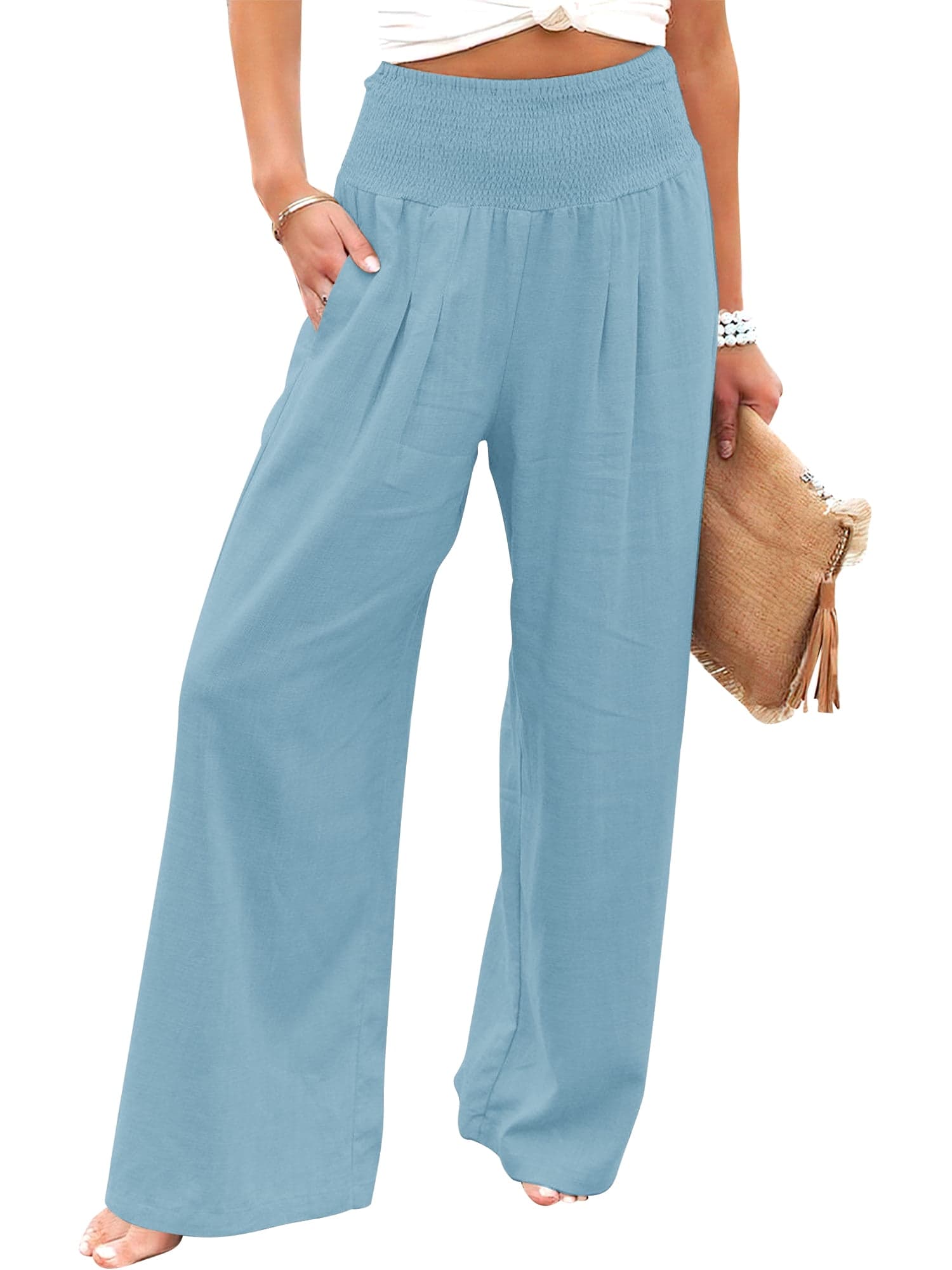 Womens Pants Summer Boho Elastic Wide Waistband Fashion Wide leg Beach Pants Sky Blue Ladies Trousers Size M