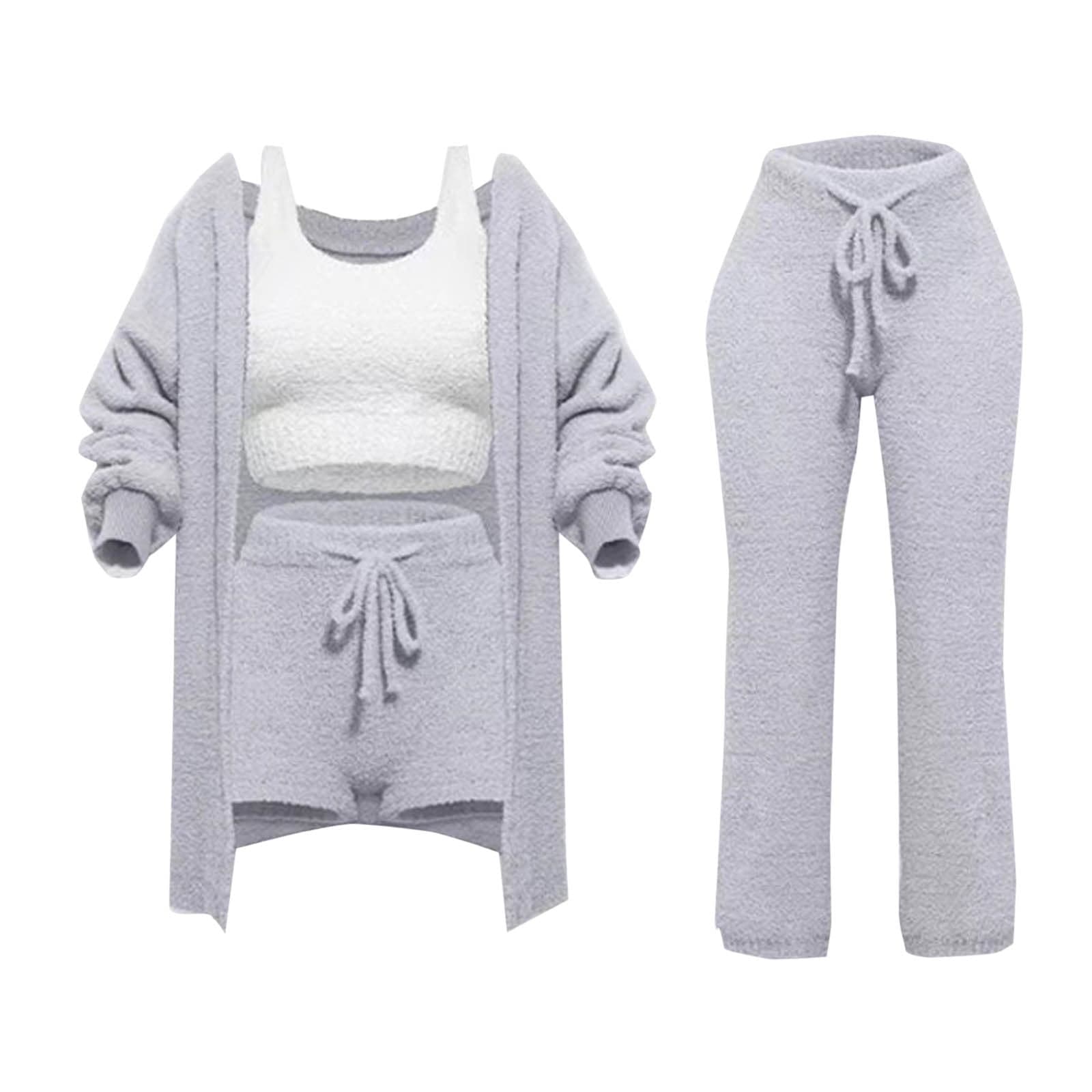 Women's Fuzzy 3 Piece Lounge Sets, Cozy 4-Piece Fleece Warm Set Cardigan Crop Top Shorts Pajamas Loungewear Outfits