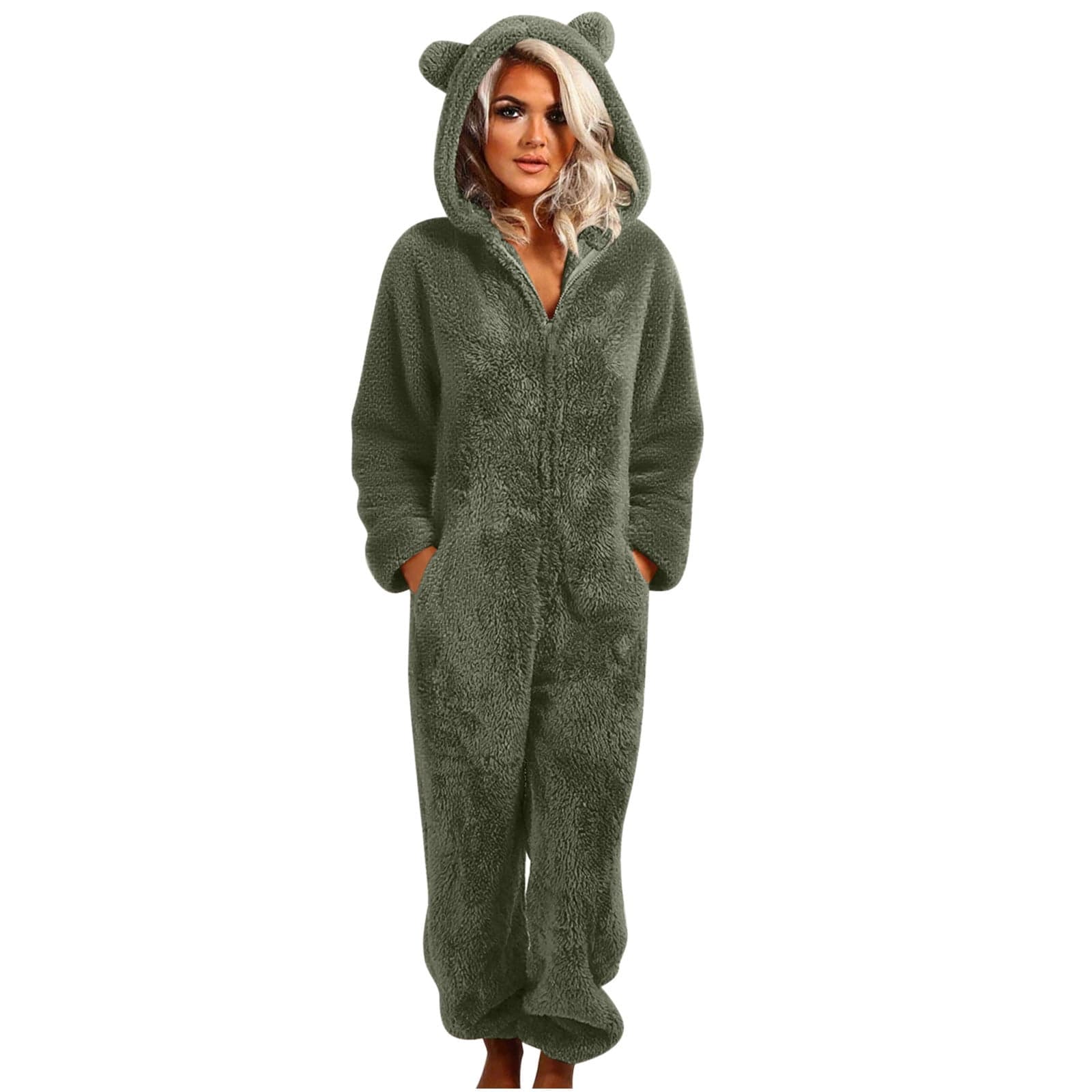 Women's Bear Ear Hooded Jumpsuit Plush Fleece Romper Pajamas Winter Warm Zip Up Onesie Sleepwear Fuzzy Sherpa Loungewear Full Body One Piece Outfit
