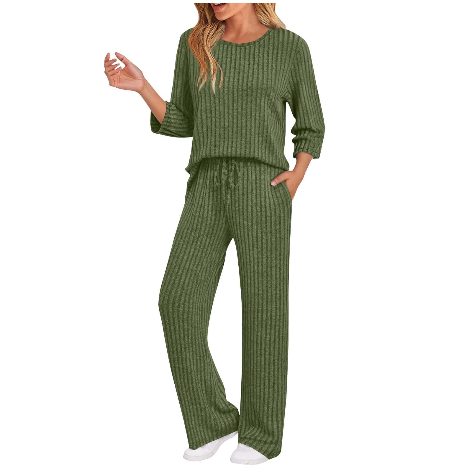 Women's Ribbed Knit Sweatsuit 2 Piece Set 2025 Crewneck 3/4 Sleeve Top and High Waist Wide Leg Sweatpants Casual Matching Lounge Outfit with Pockets Comfy Tracksuit Solid Color Coordinates