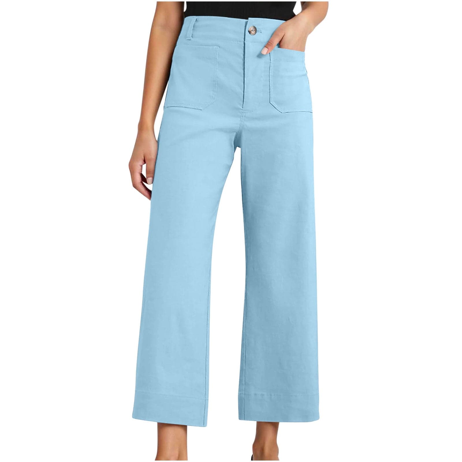 Twill Stretch Cropped Wide Leg Pants for Women Business Casual High Waist Chino Pants Office Work Ankle Jeans with Pocket Blue XXL