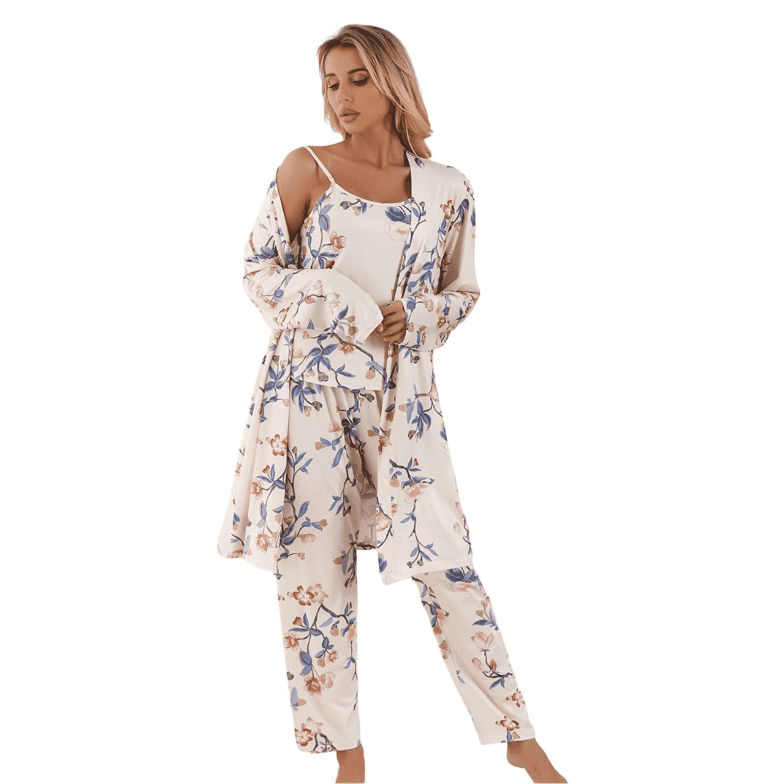 Womens Floral Pajama Set 3 Piece Sleepwear With Robe Camisole And Pants Soft Loungewear
