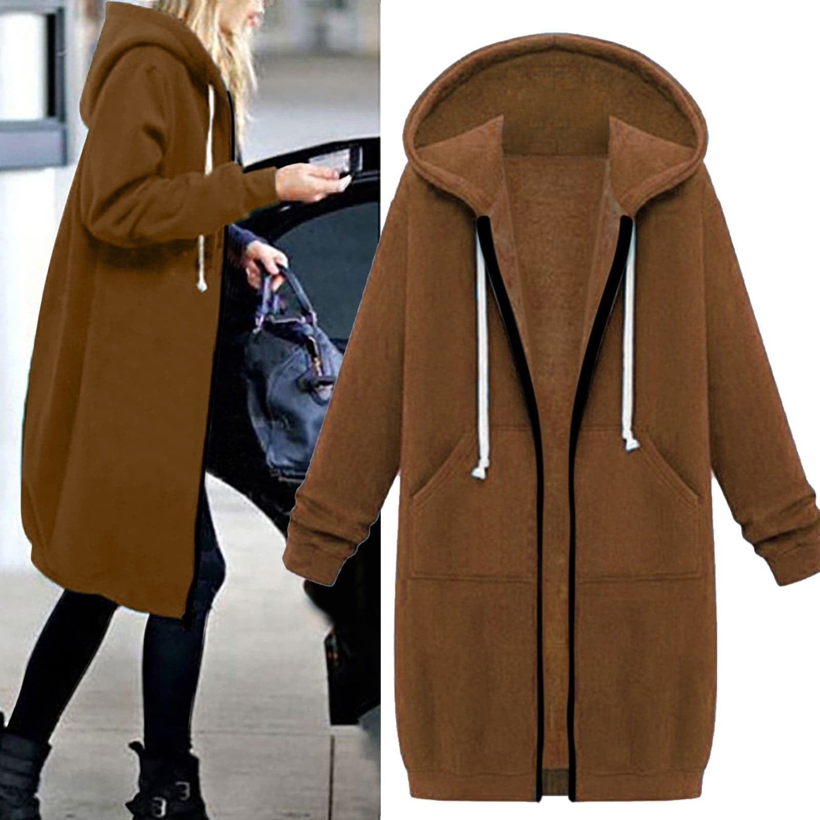 (clearance)IDALL Winter Jackets for Women Trench Coat Women Casual Long Hooded Drawstring Solid Zip Jacket Pockets Jacket Zipper Coat Parkas Peacoat Coffee L