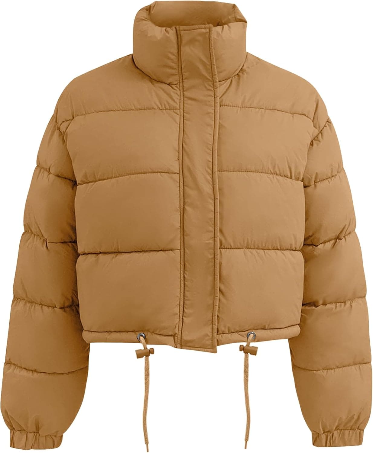 Women Cropped Puffer Jacket Winter Long Sleeve Quilted Puffy Bubble Padded Short Coats with Drawstring