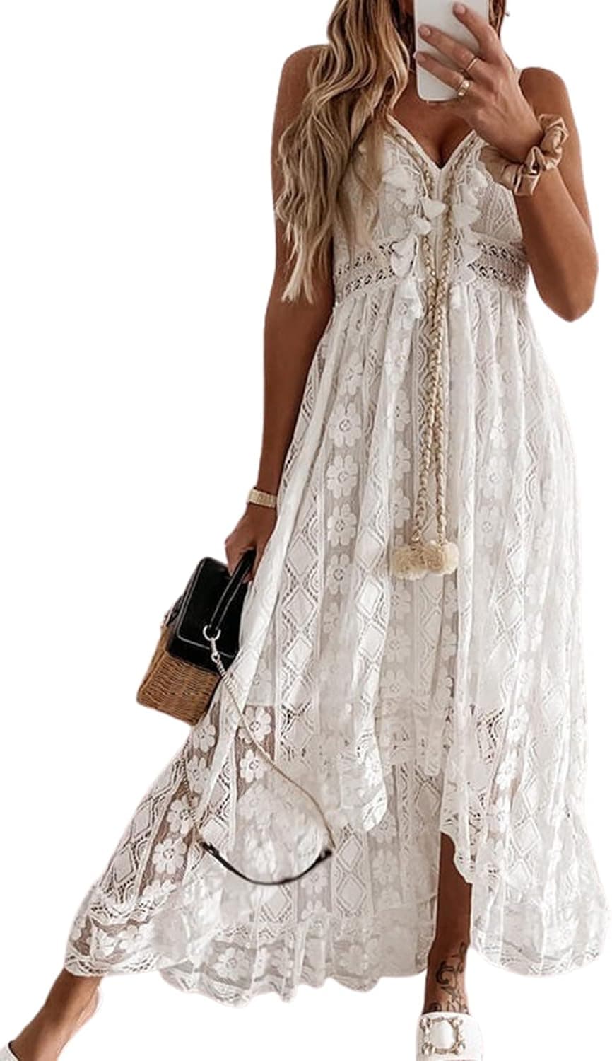 Women's Summer Dresses Sleeveless Lace Casual Tassel Beach Spaghetti Straps Flowy Maxi Sun Dress