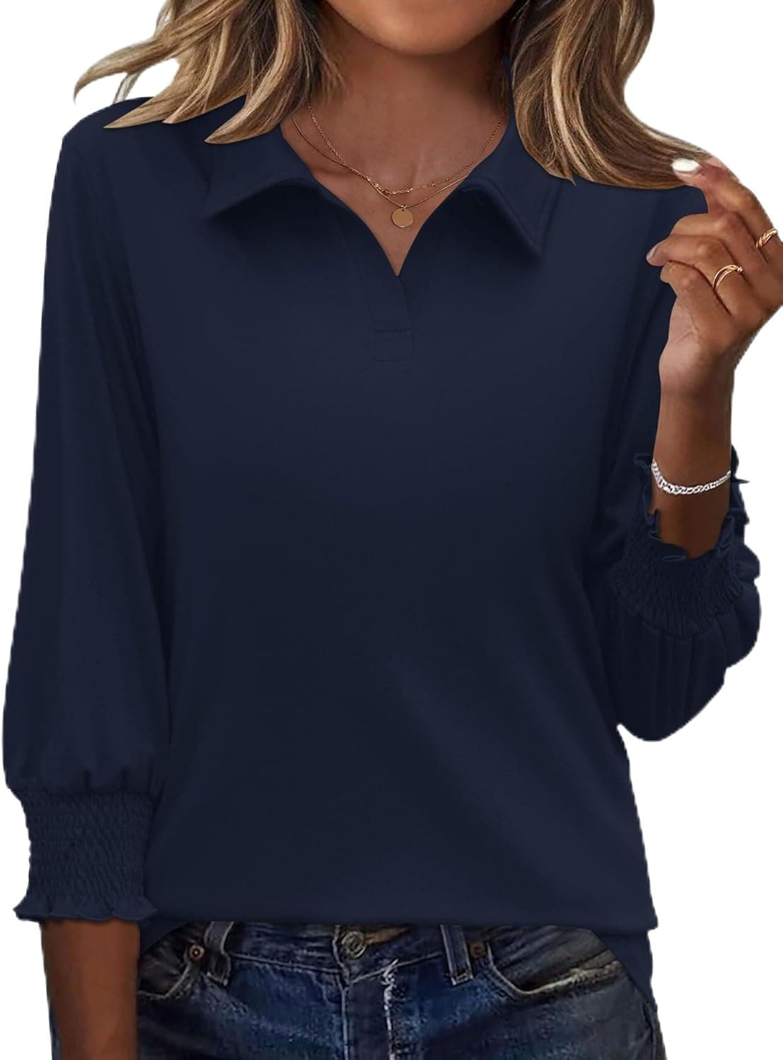 Womens 3/4 Length Sleeves Polo Shirts Collared Tops Business Casual Blouses Basic Tees Trendy Outfits Spring Clothes