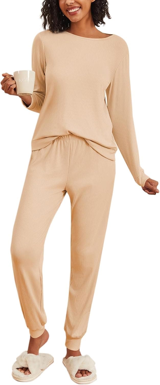 Women's Pajama Sets Casual 2Pcs Sleepwear Long Sleeve Pullover Tops Long Joggers Pants with Pockets