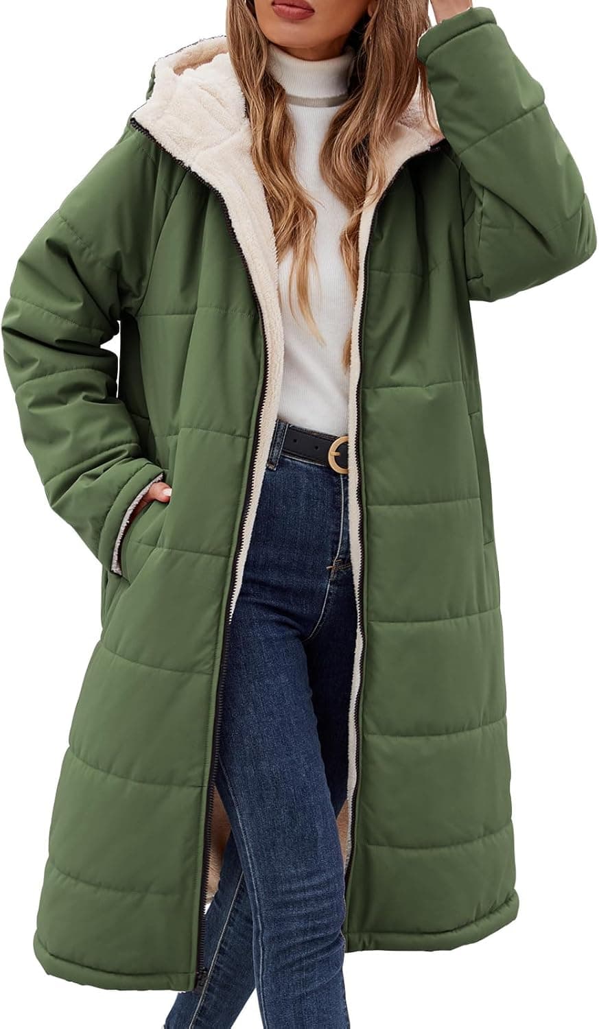 Womens Winter Long Coats Trendy Puffer Jacket Sherpa Fleece Lined Down Coat Long Sleeve Parka Oversized with Hood